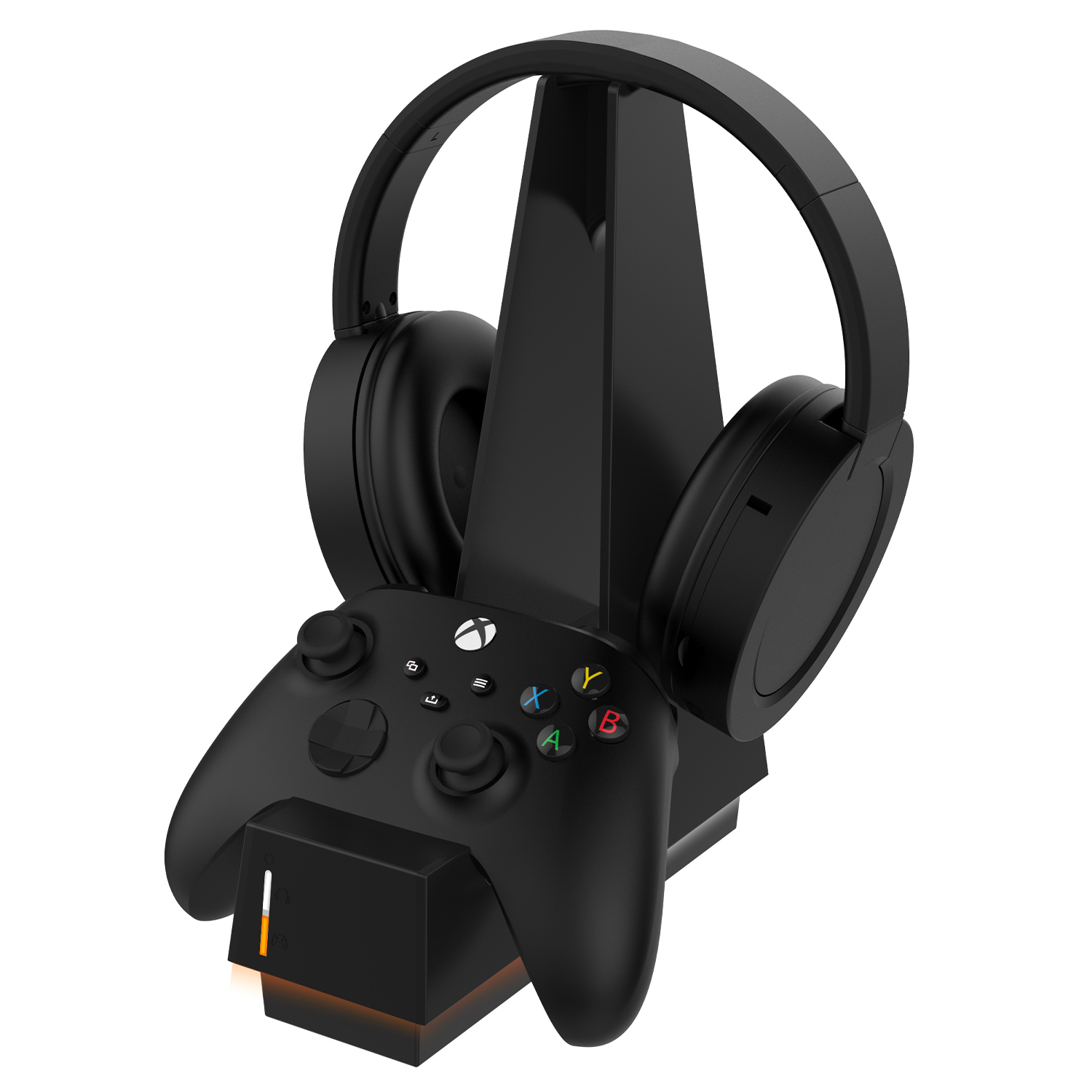 Schwarzes Headset, Controller auf Ladestation. Xbox-Controller. Schwarzer Hintergrund.