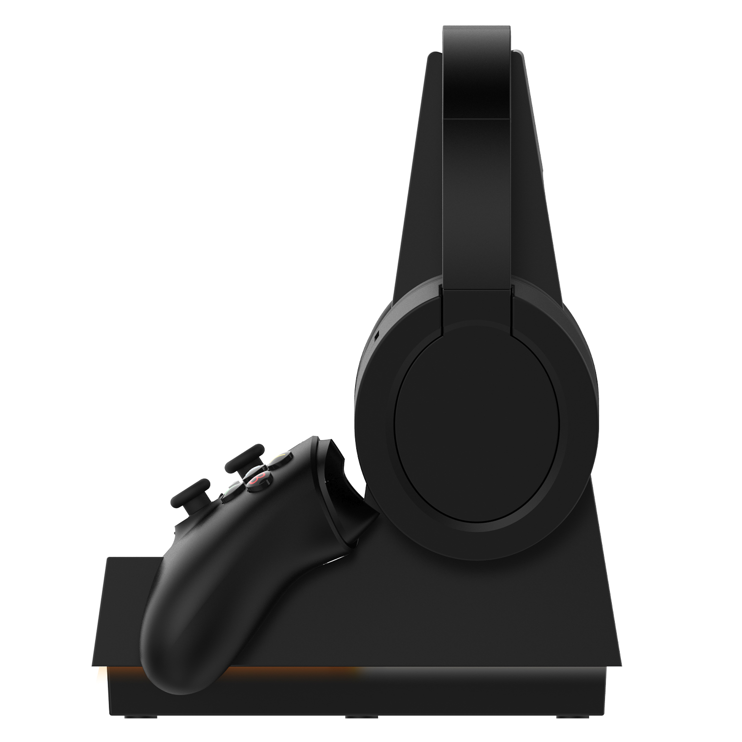 Schwarzes Gaming-Zubehör. Eine Ladestation mit Gamepad und Kopfhörern.