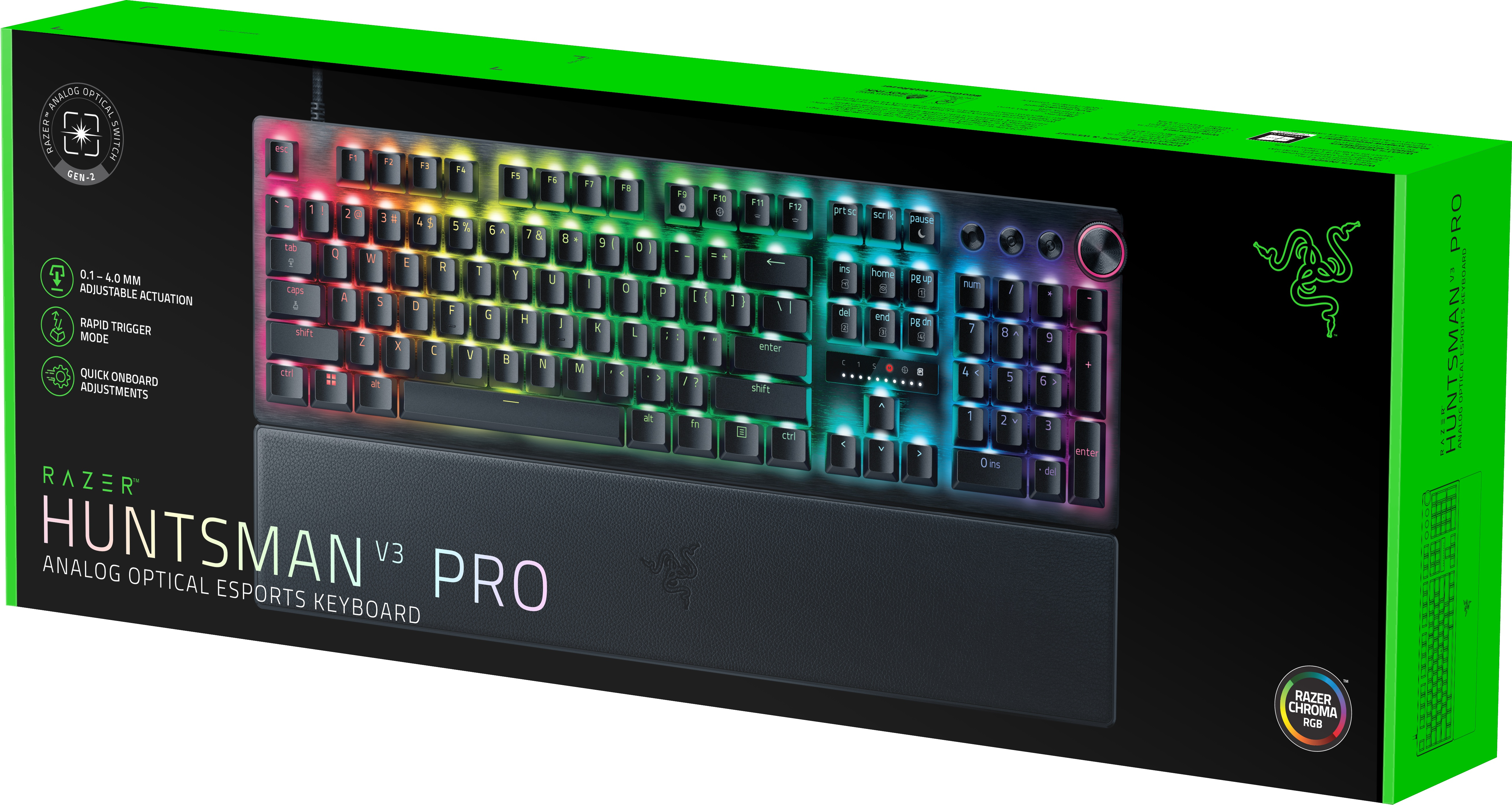 Klawiatura Razer Huntsman V3 Pro w pudełku. Czarna klawiatura z podświetleniem RGB i podpórką pod nadgarstek.