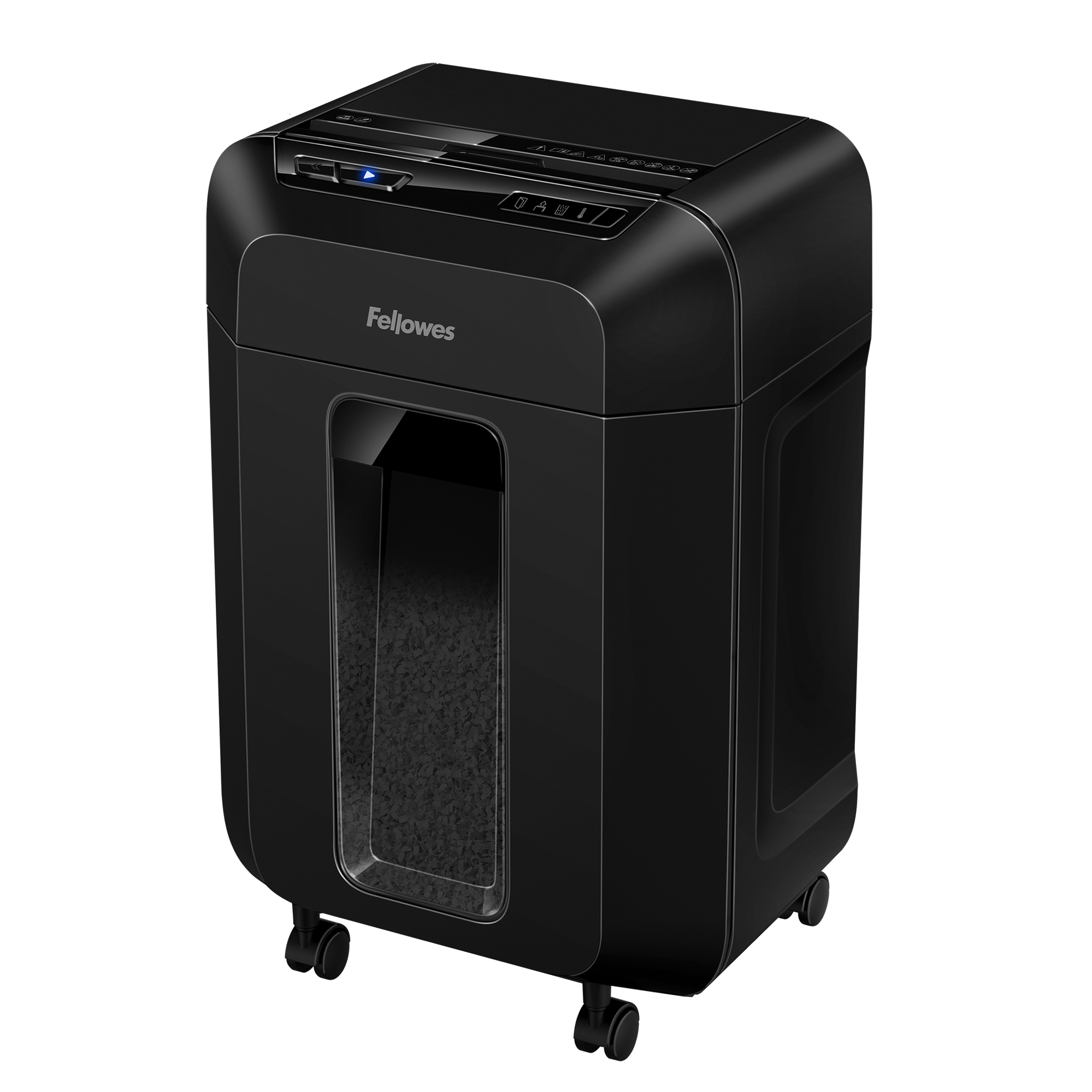 Black Fellowes paper shredder on wheels. It has a clear window.