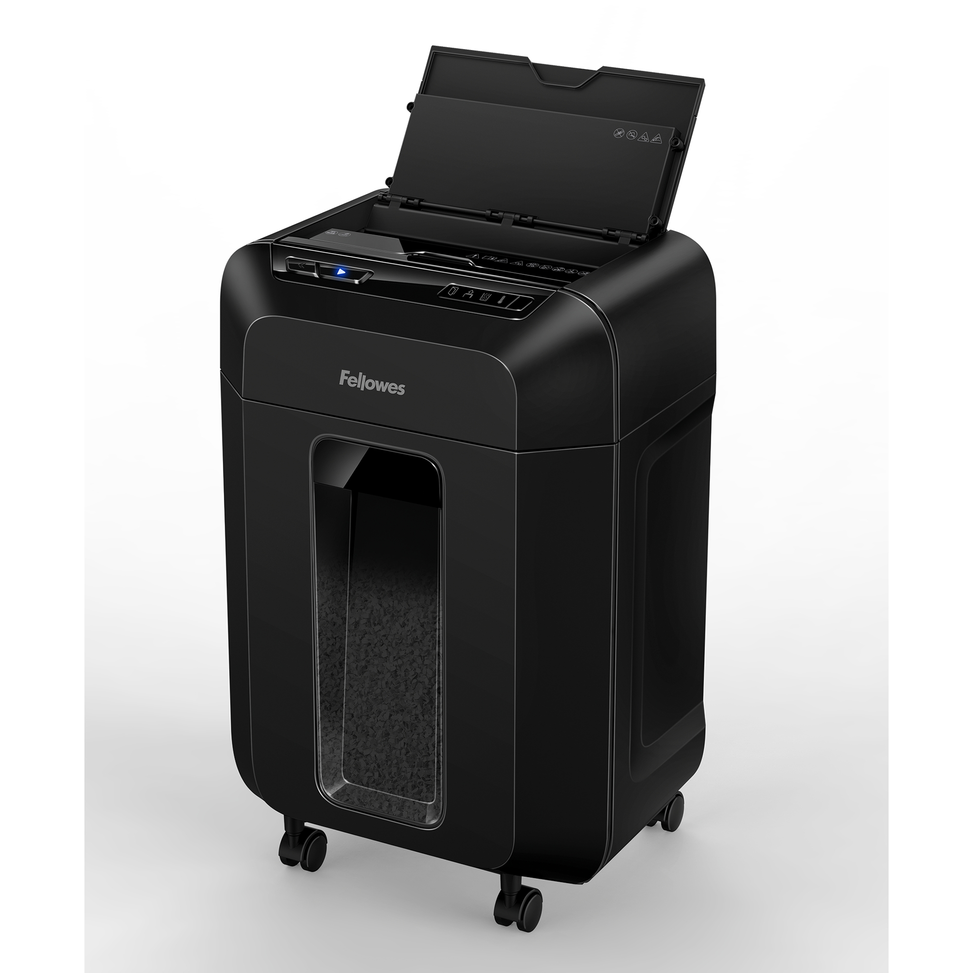 Black paper shredder with open top, on wheels, with a visible shredded paper area.
