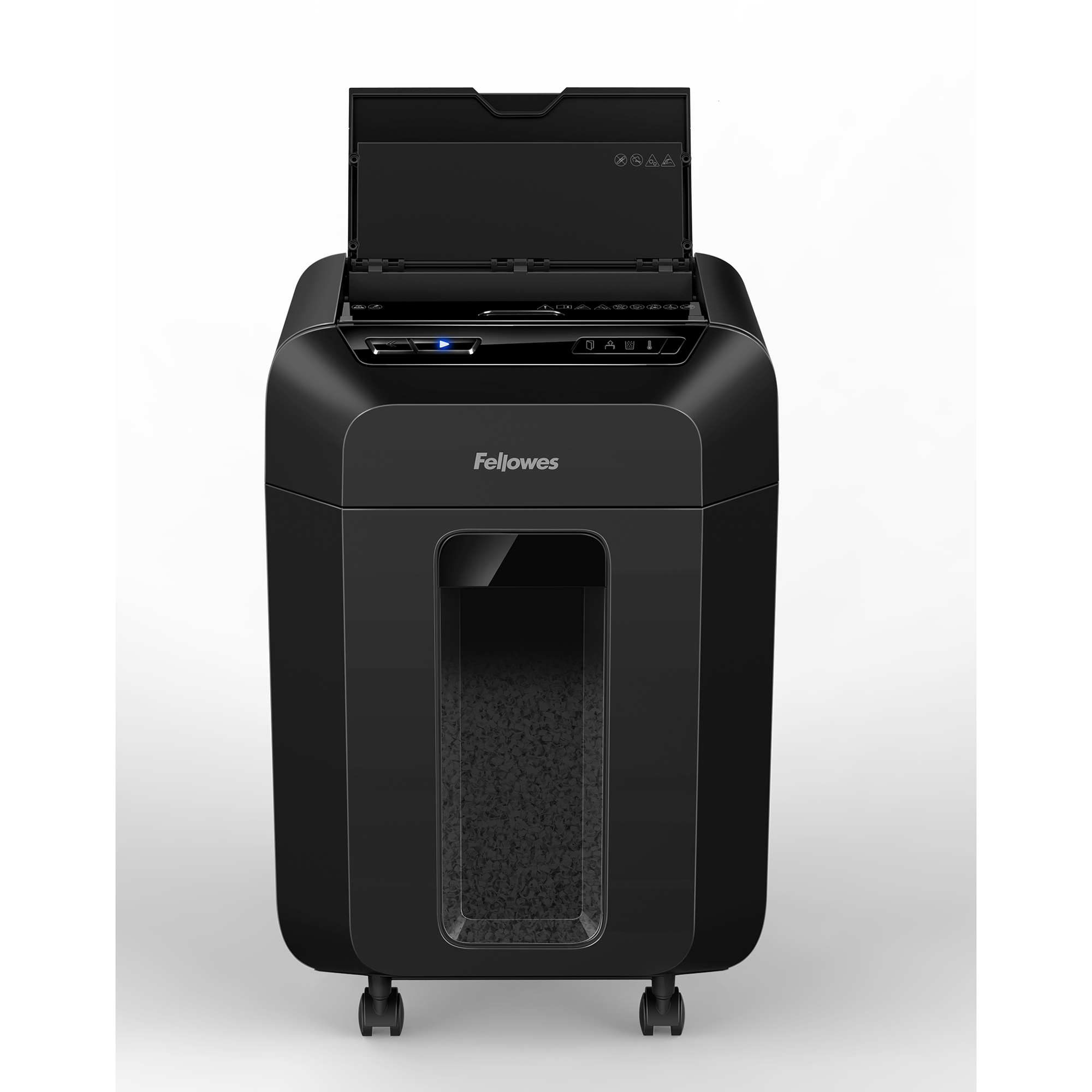 Black Fellowes paper shredder with open top and visible shredded paper.