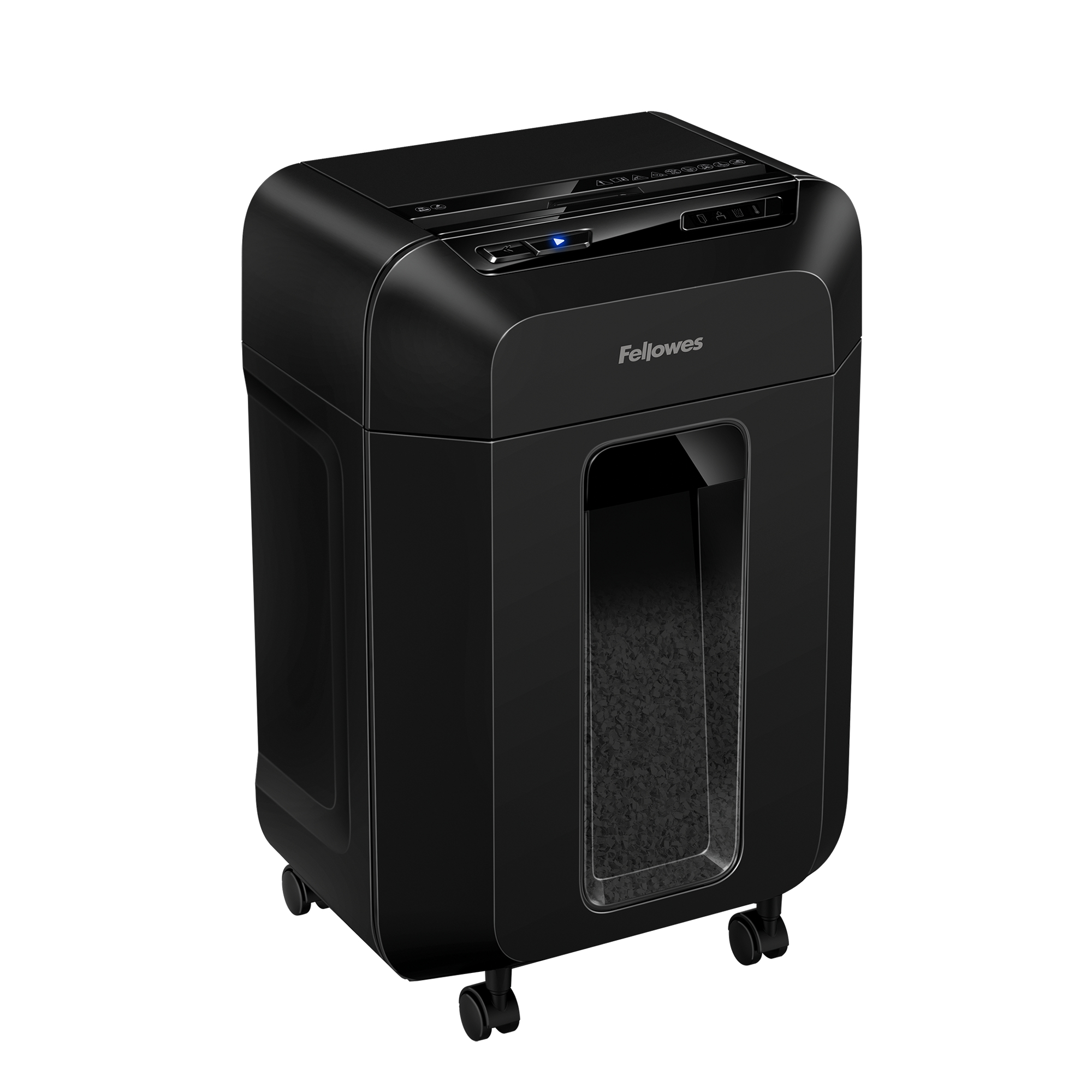 Black paper shredder with a top tray, a black front, and wheels for mobility.
