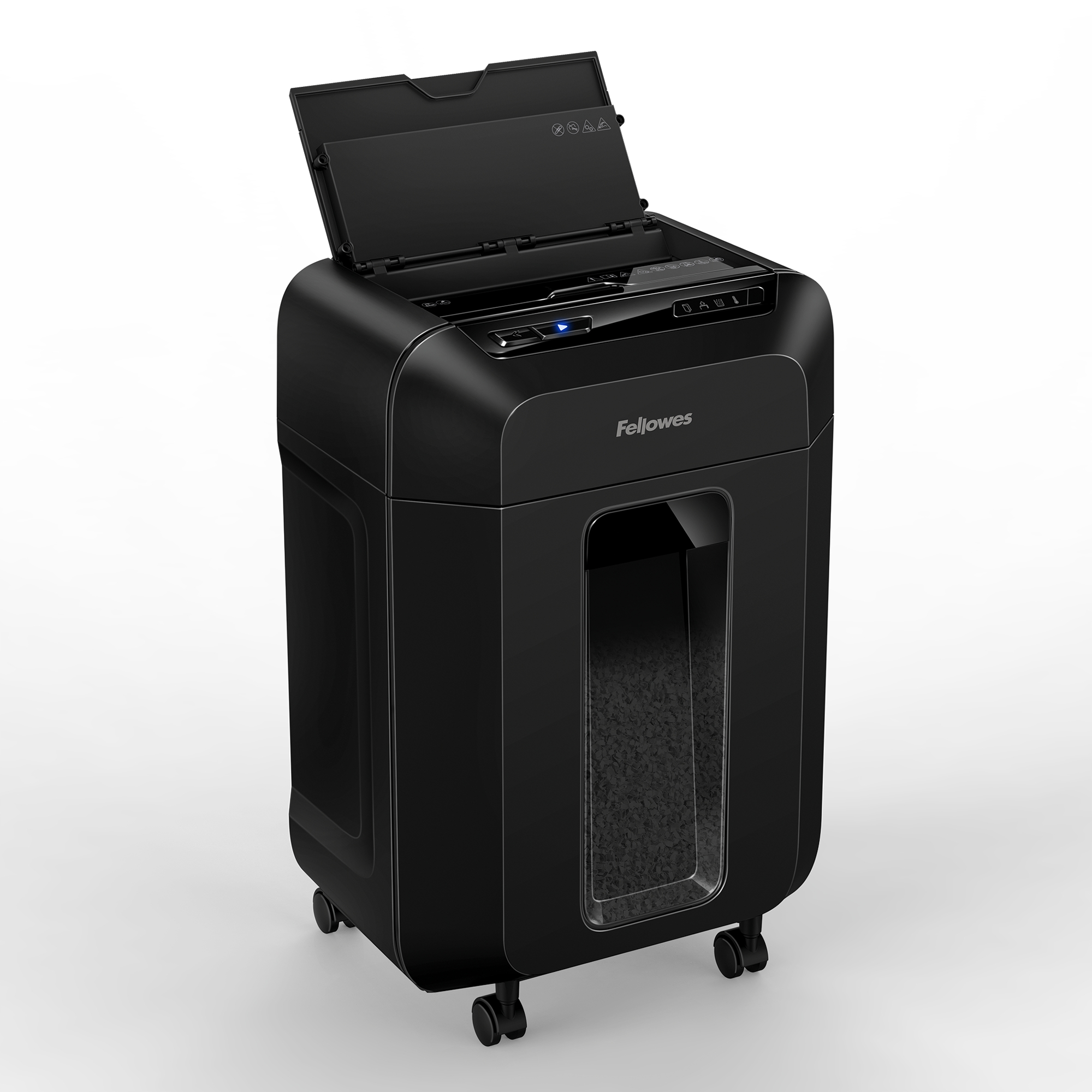 Black paper shredder with wheels. The shredder has a top opening.