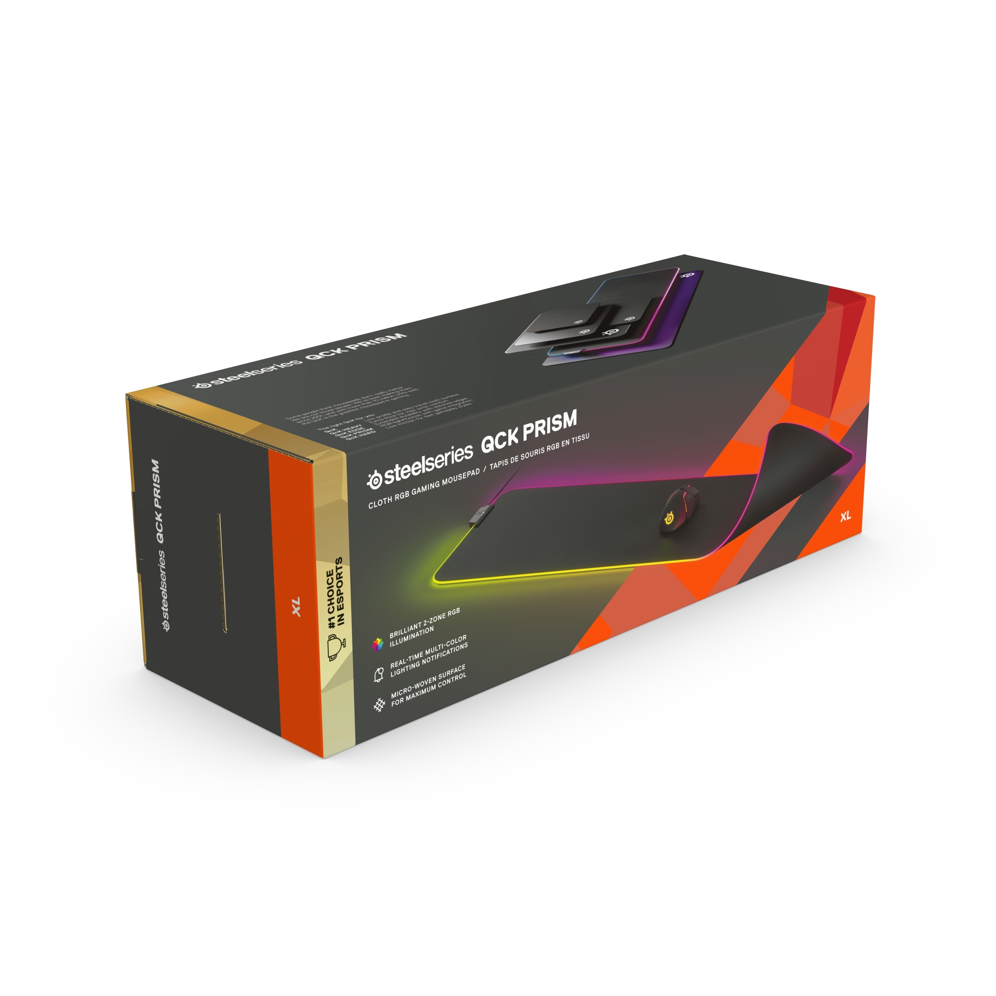Gaming mousepad box with a mouse and RGB lighting on it, placed on a white surface.