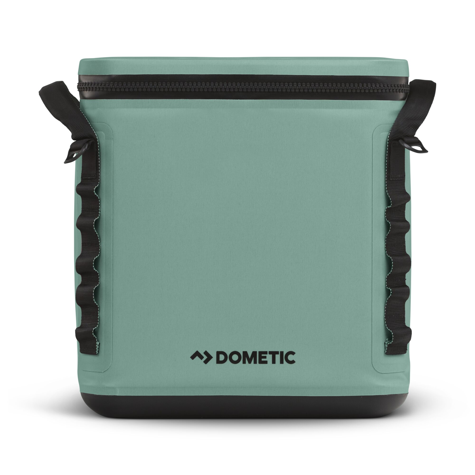 Teal cooler bag with black details and logo. White background.