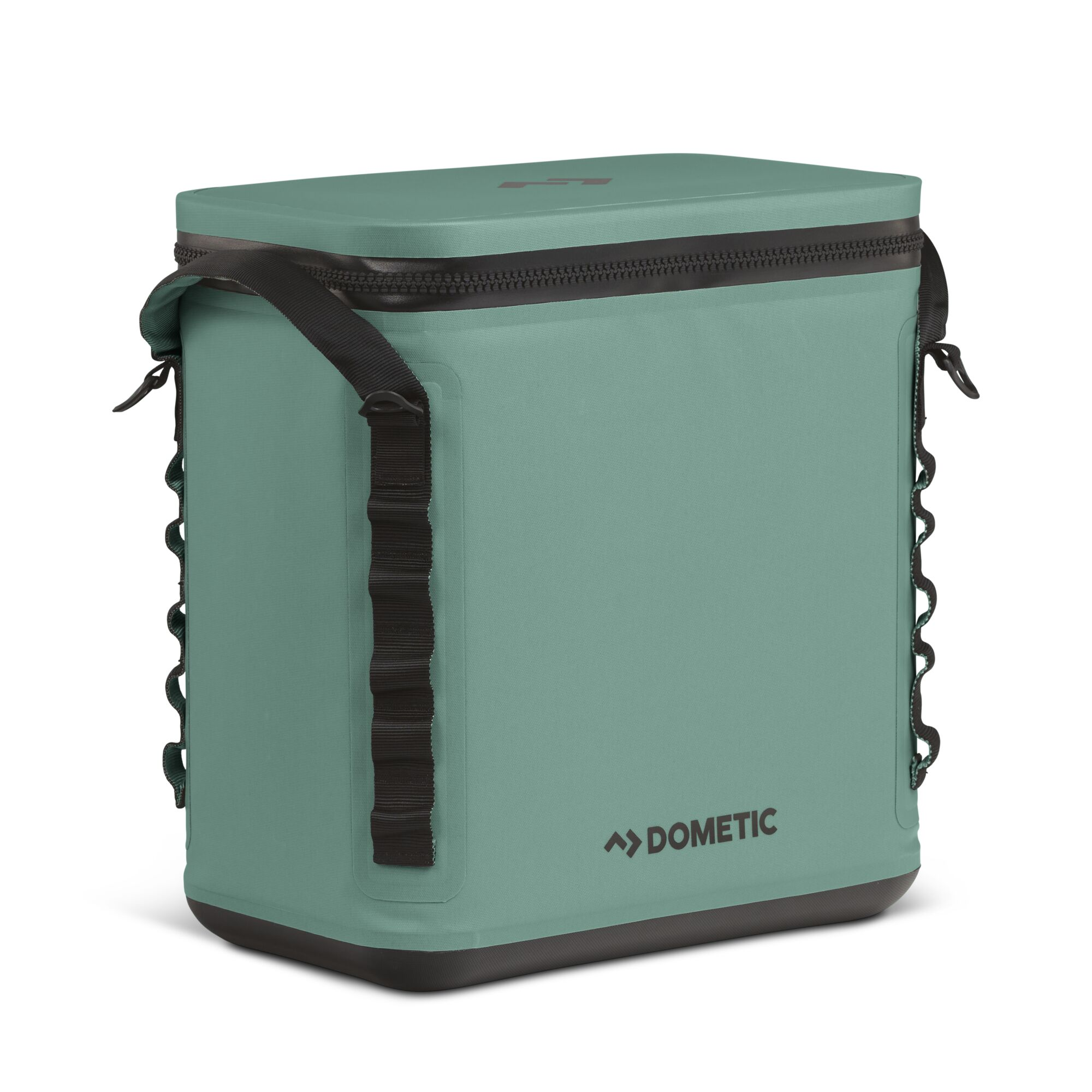 A teal cooler bag with black handles and a black zipper. The brand name Dometic is visible.