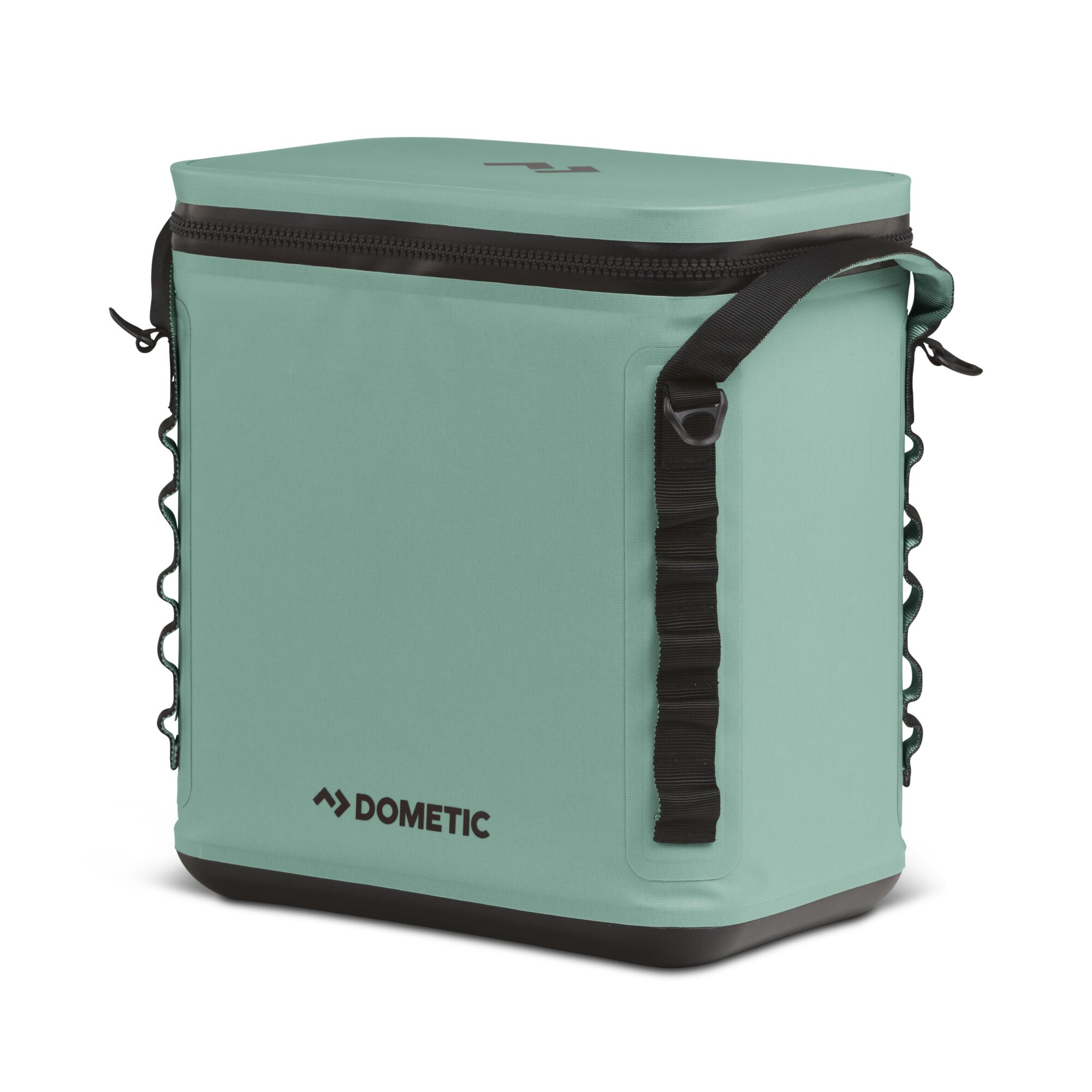 Green Dometic cooler bag with black zipper, handle, and Dometic logo.