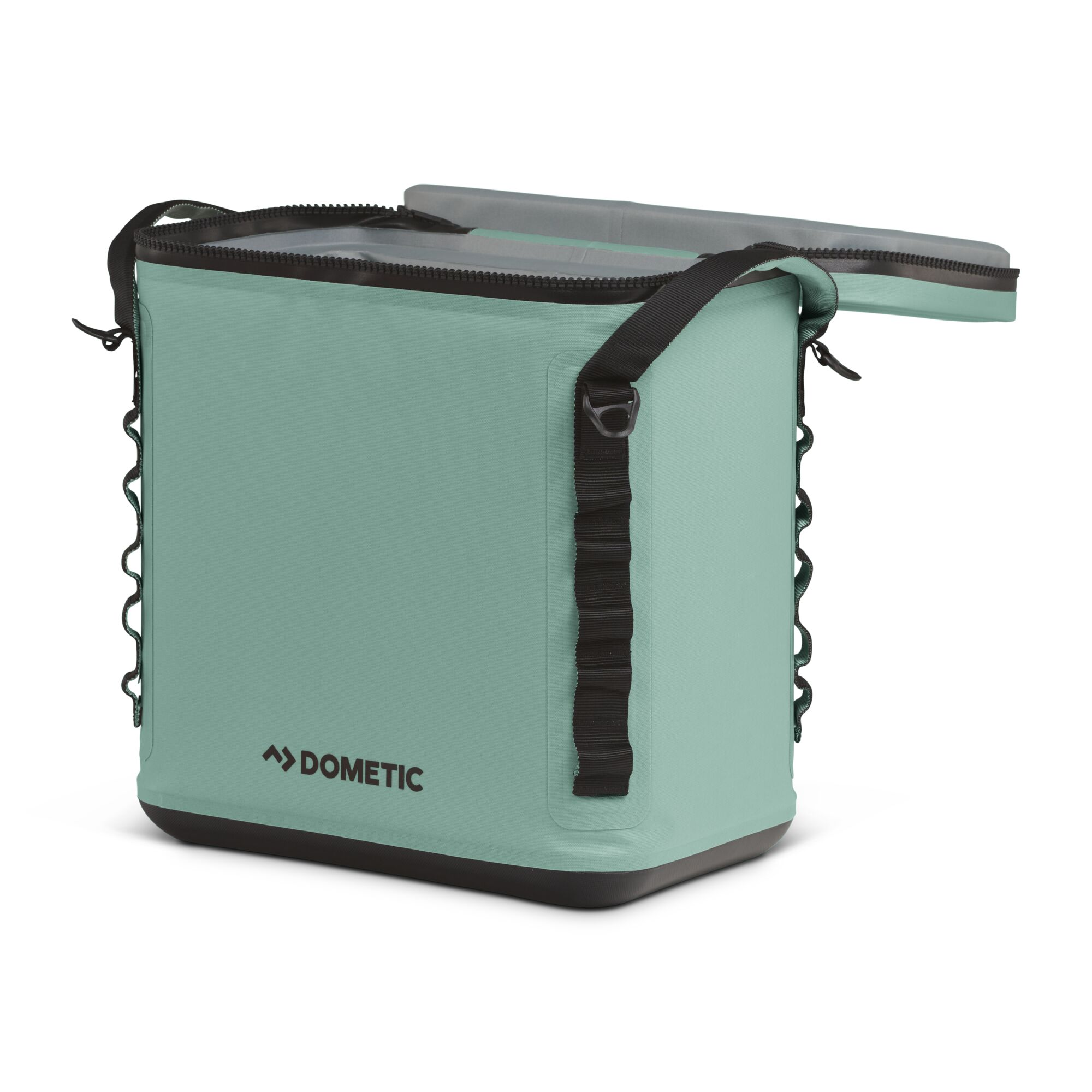 An open, light-green cooler bag with a black handle and zipper. The brand name is visible.