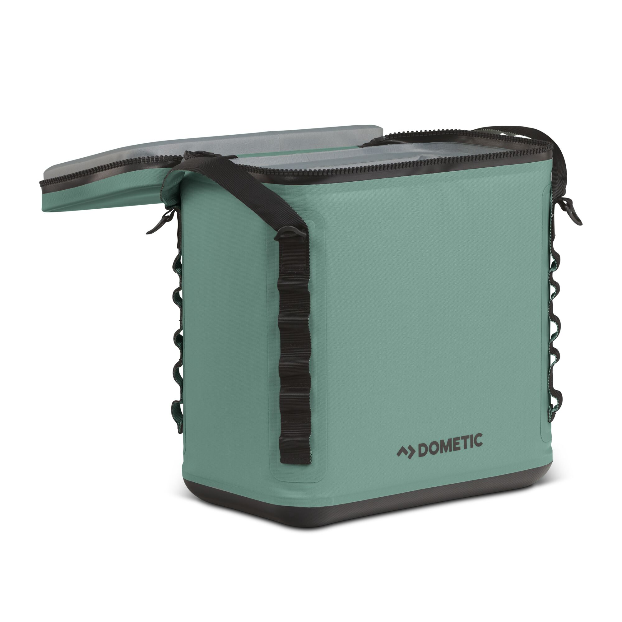 Open green cooler with a black zipper, top view, isolated on white background.