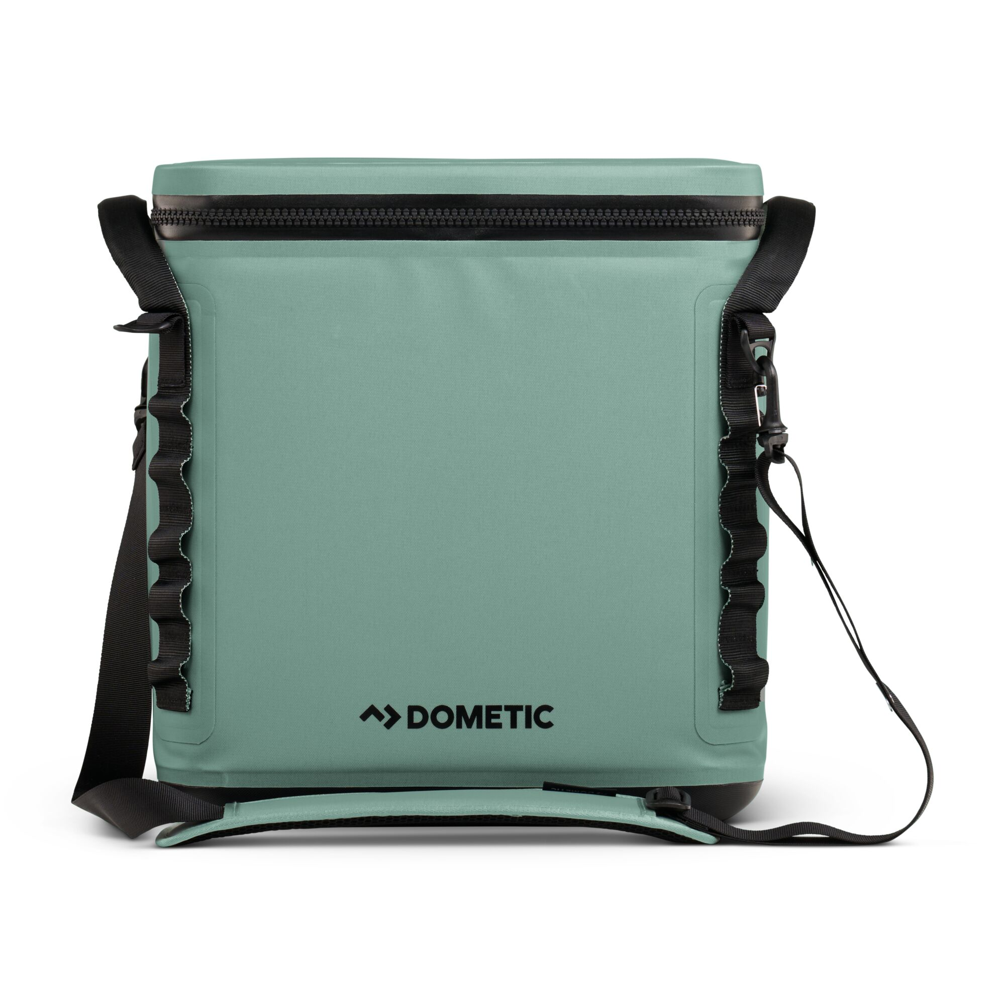 A teal cooler bag with black straps and a black zipper, white background.