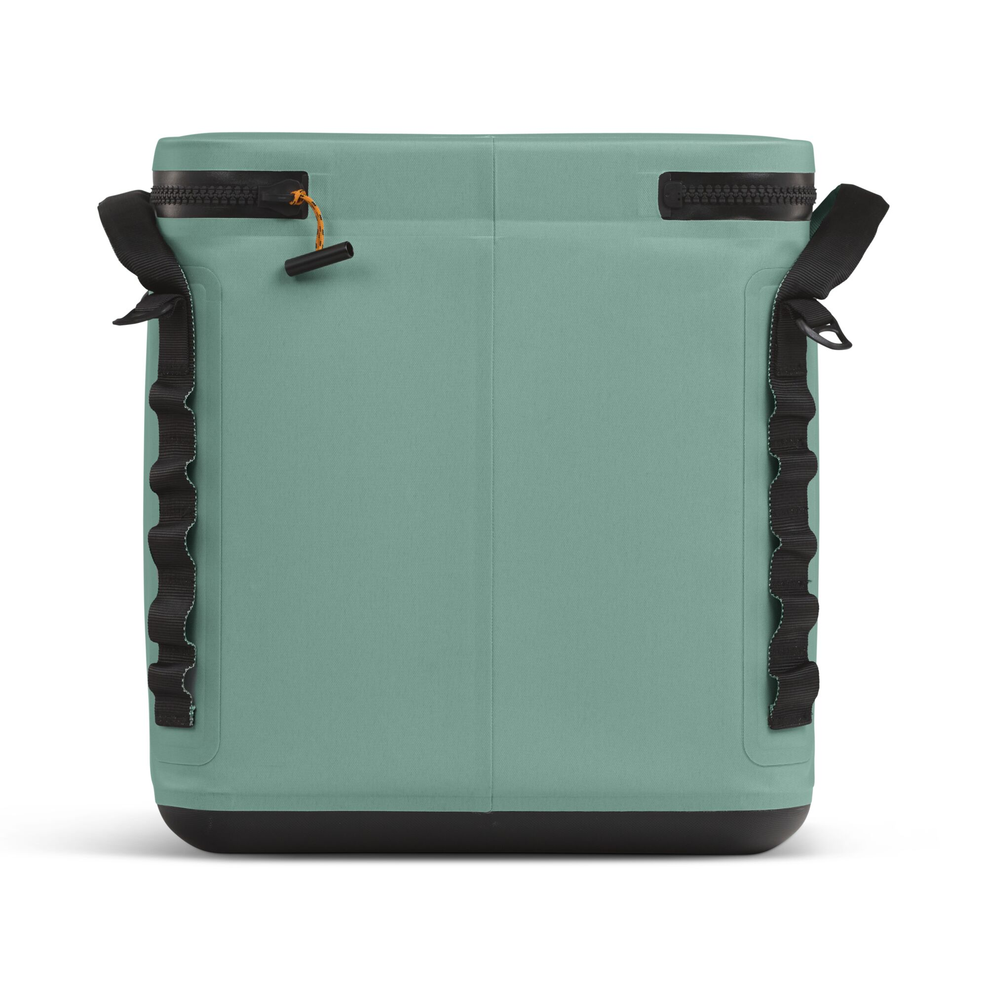 Light green, rectangular cooler with black zipper and straps. The zipper is open.