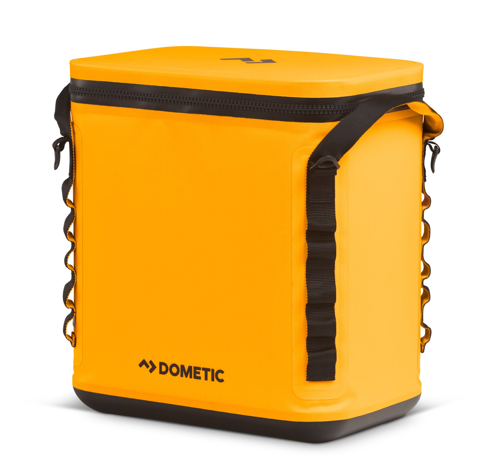 Yellow Dometic cooler bag, black zipper, and black straps on a white background.