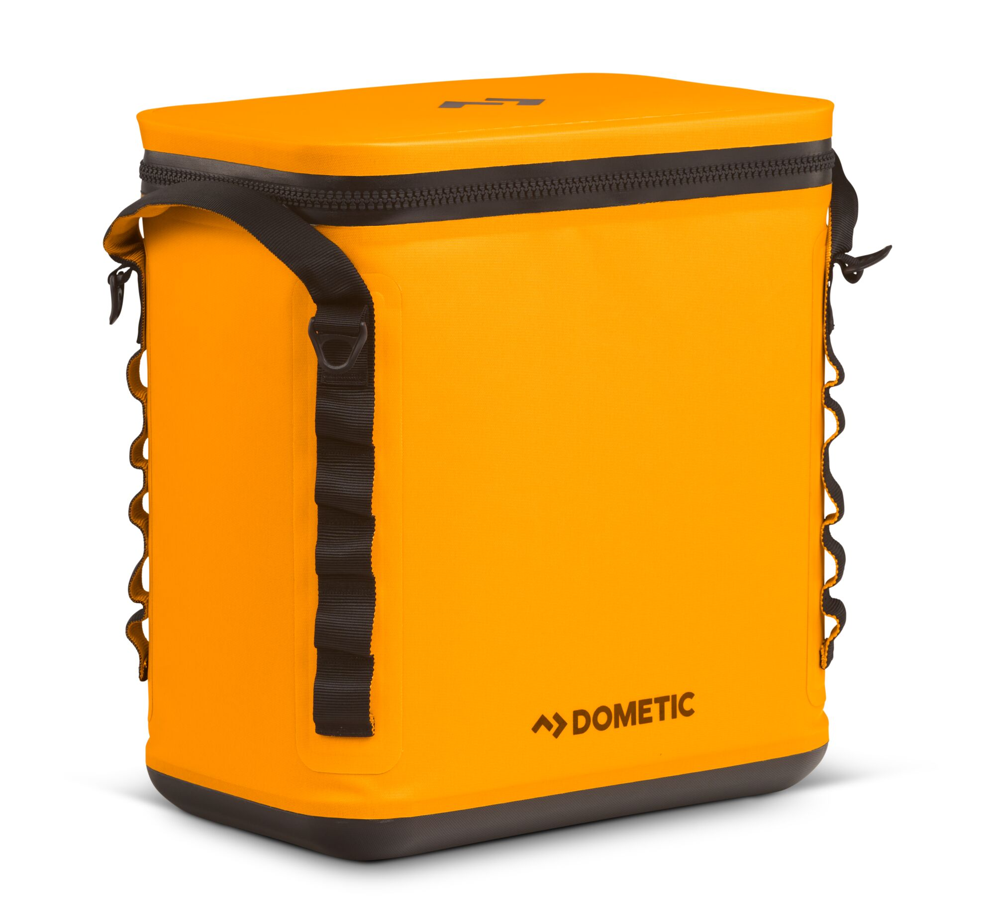 Orange rectangular cooler bag with a black zipper, straps, and black logo.
