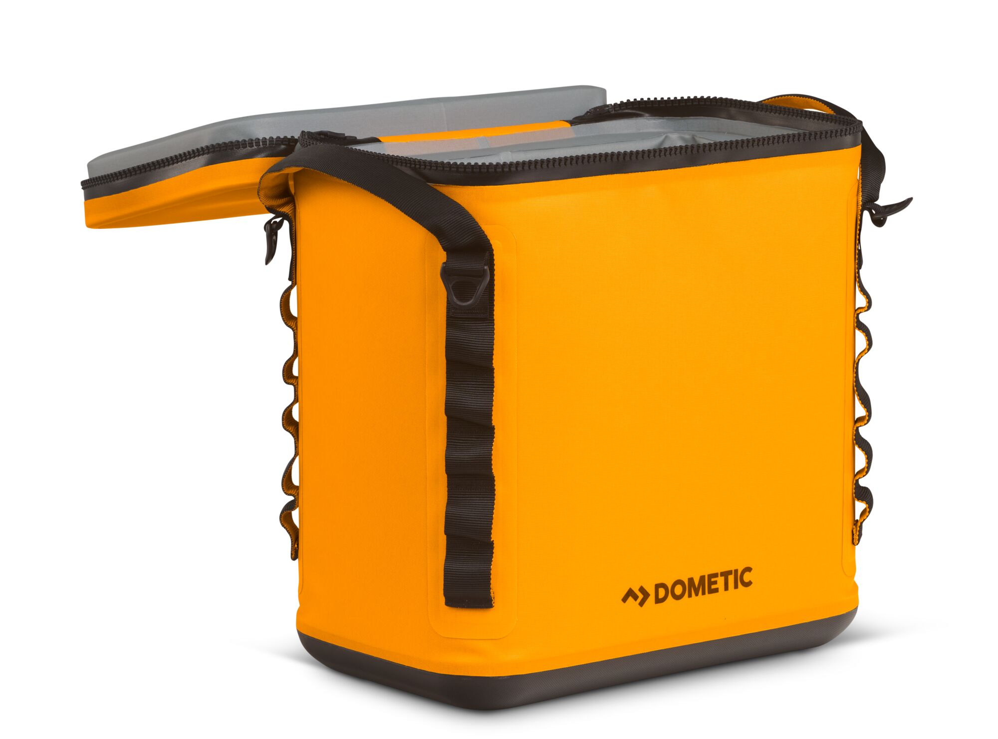 An orange waterproof bag with a zipper open, black straps, and a Dometic logo.