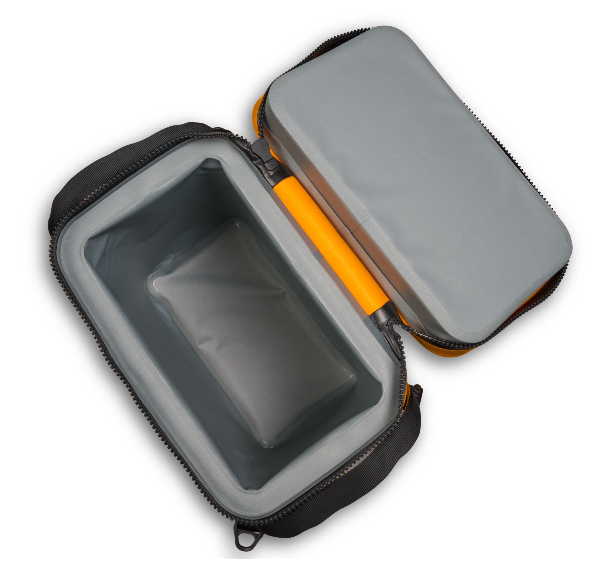 Cooler bag, open. The inside is visible, with gray insulation and an orange zipper pull. White background.