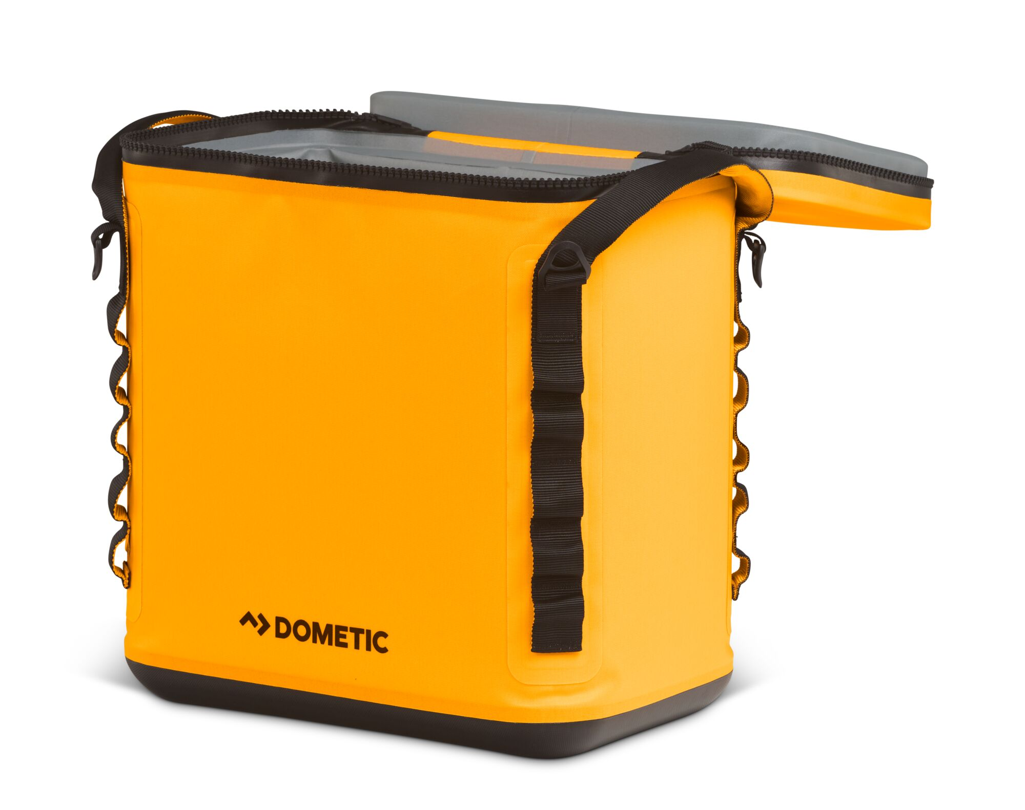 An orange cooler bag with black handles, zipper and the Dometic logo. The lid is partially open.