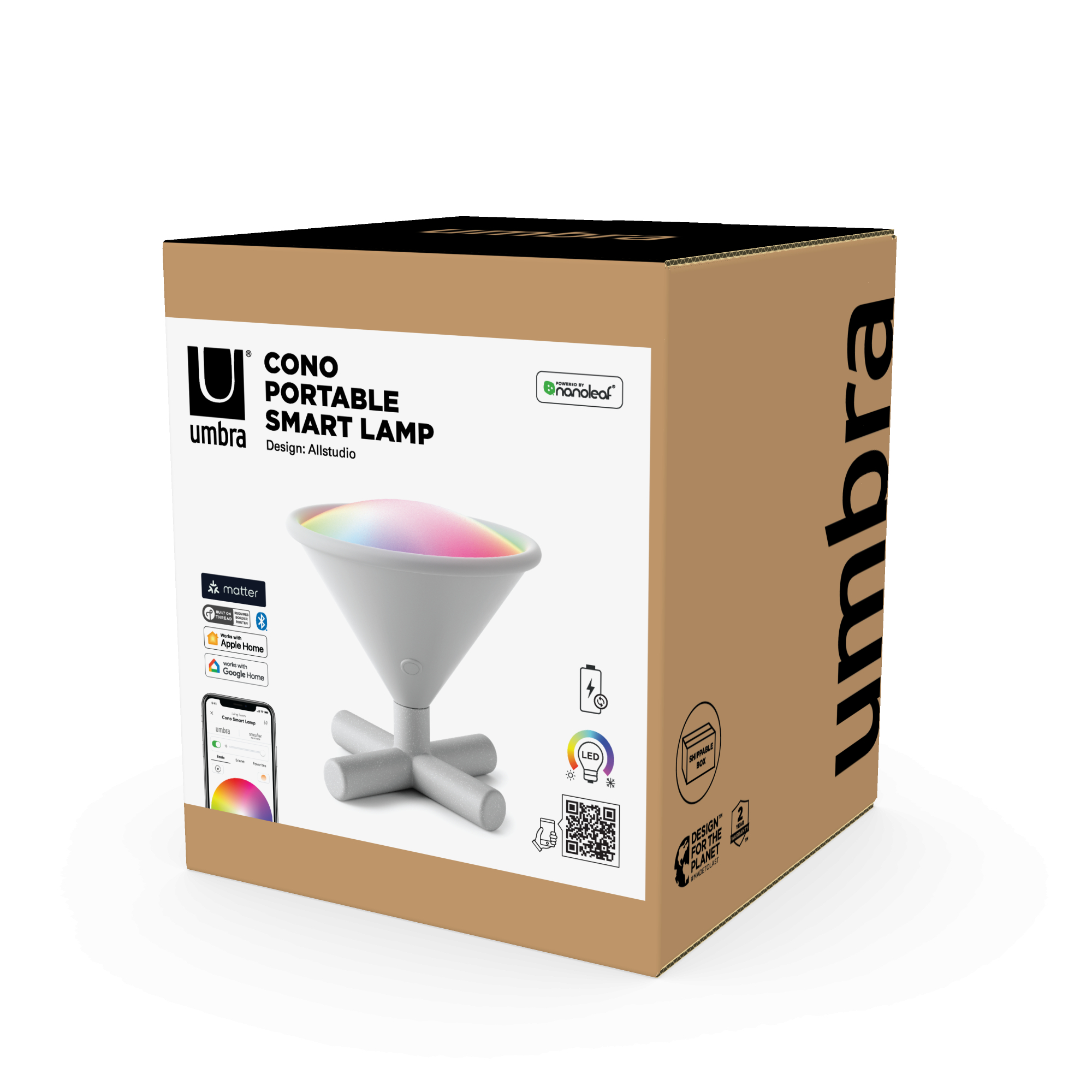 Scatola con Lampada Smart Umbra Cono, design di Allistudio, con display luminoso colorato.