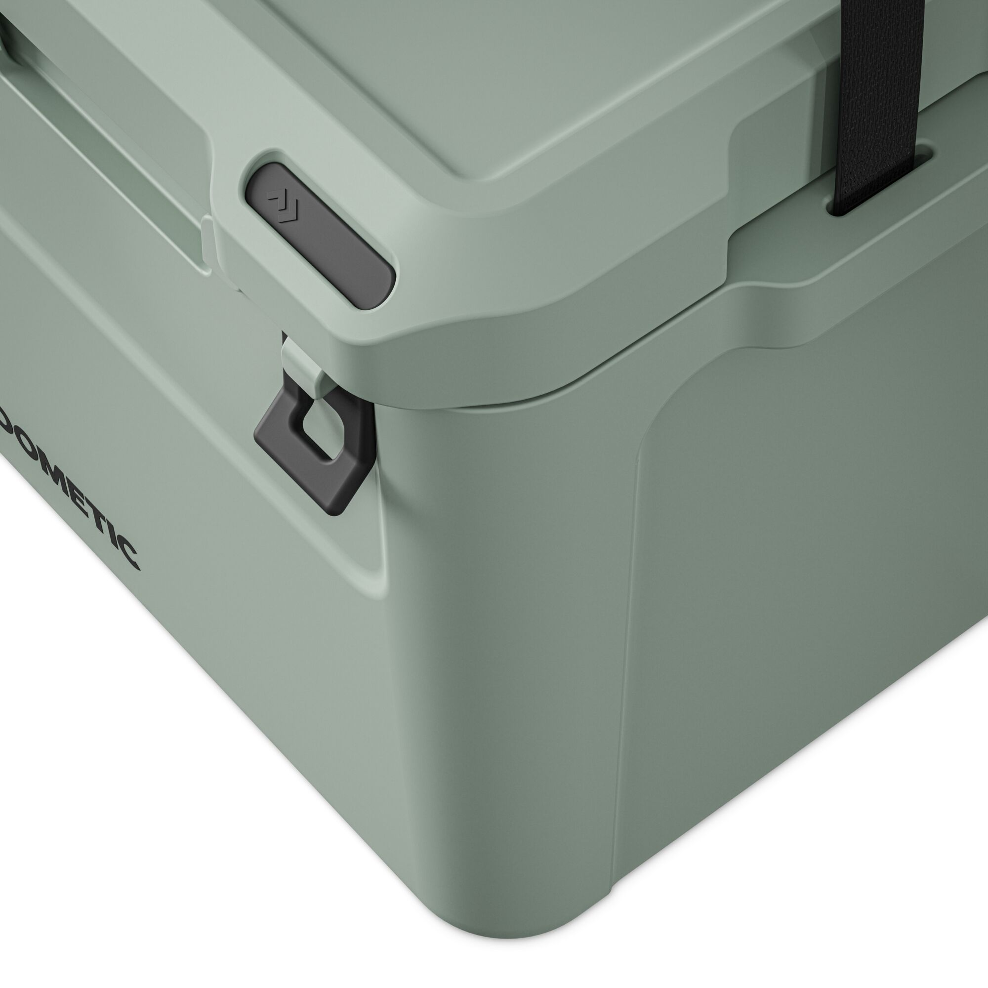 Close-up of a green cooler, showing a latch and handle detail.
