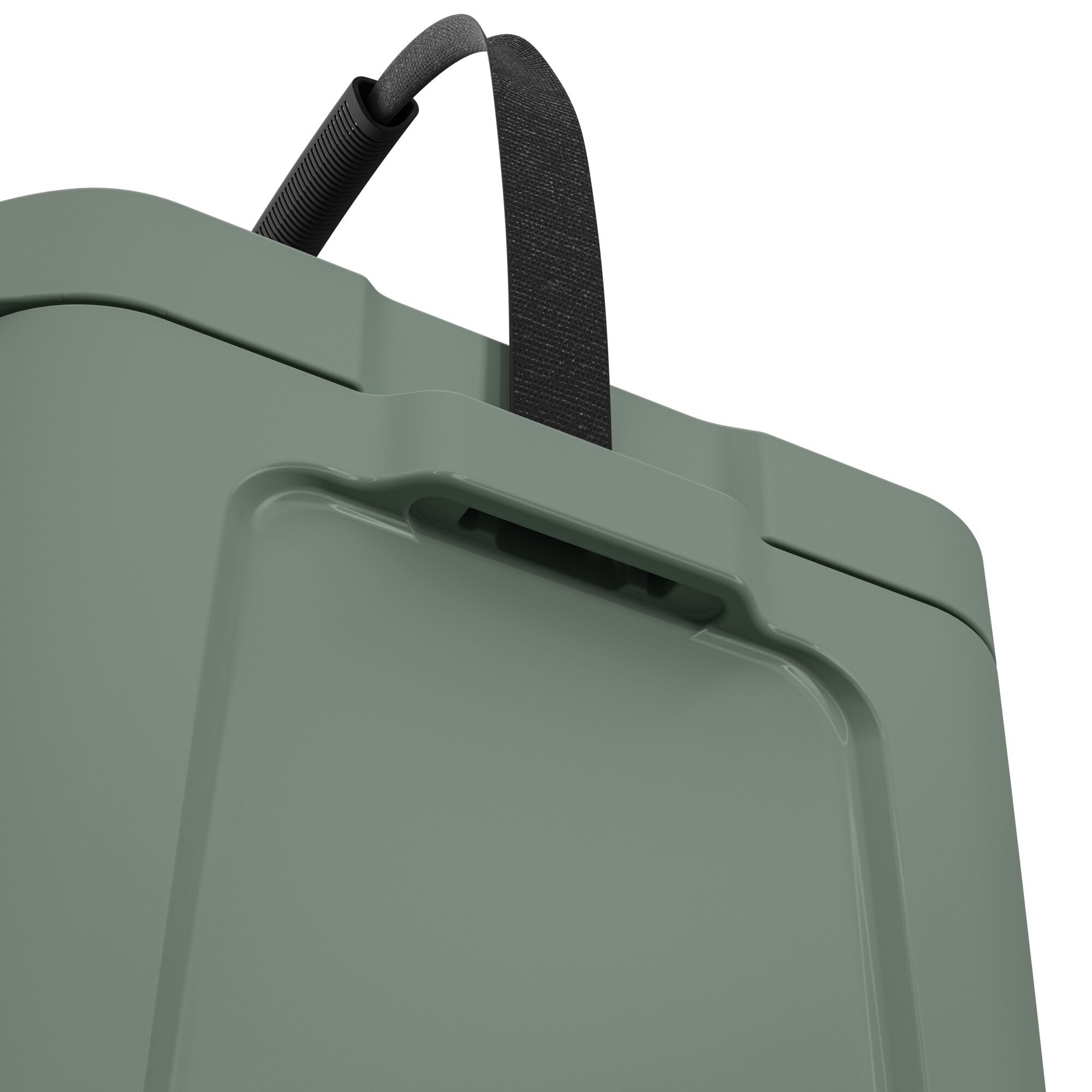 Close up of a handle and a gray container. It is a close-up shot against white background.