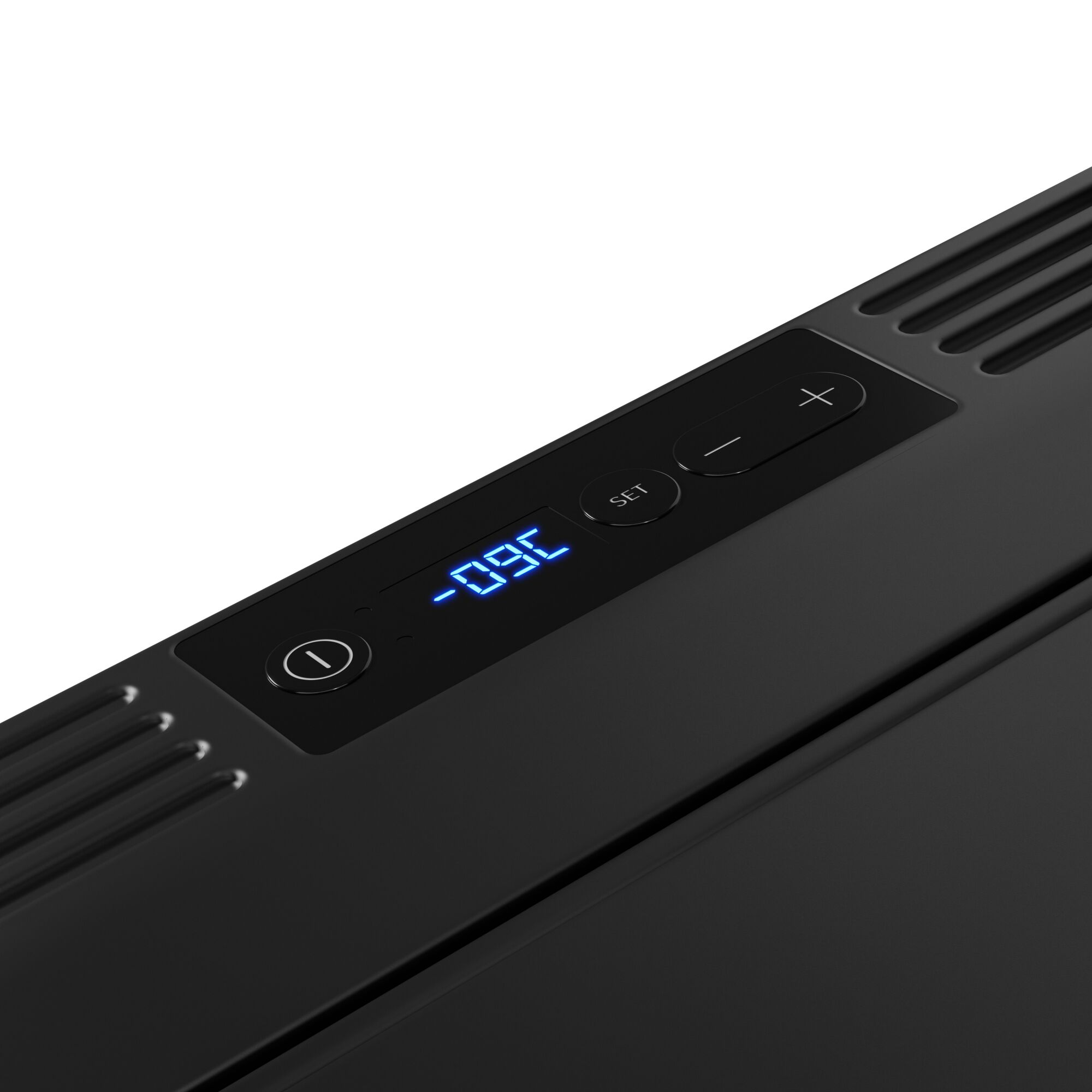 Czarne urządzenie z cyfrowym wyświetlaczem pokazującym -09C i przyciskami regulacji temperatury.