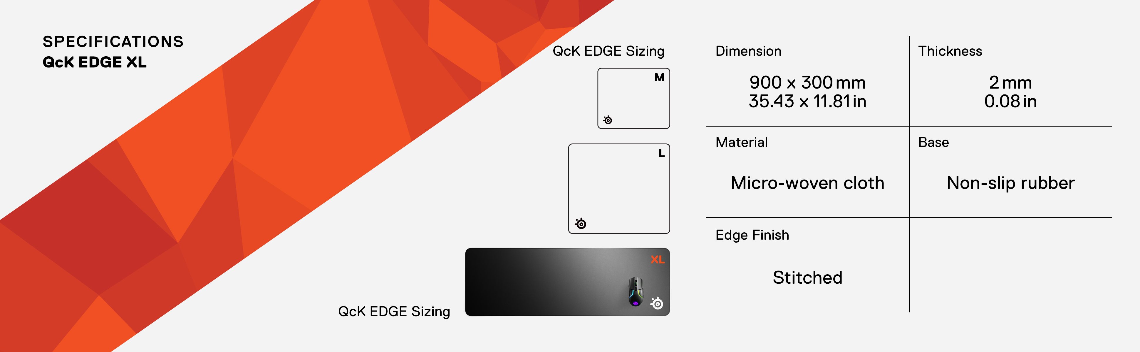 Een diagram met een zwarte muismat met het label 'QcK EDGE XL', en maatdetails.