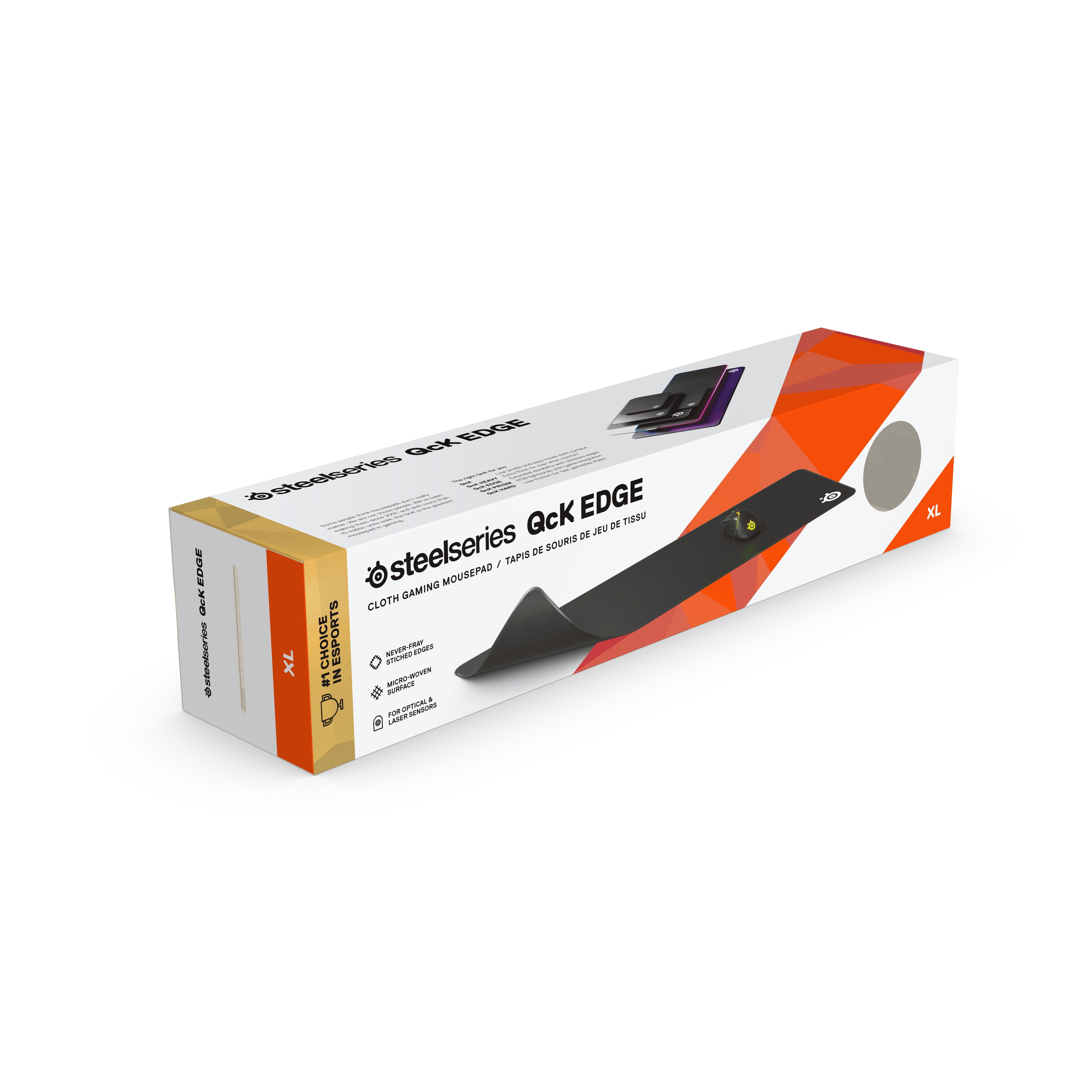 Steelseries QcK Edge gaming muismat in een doos. Zwart met witte en oranje accenten.