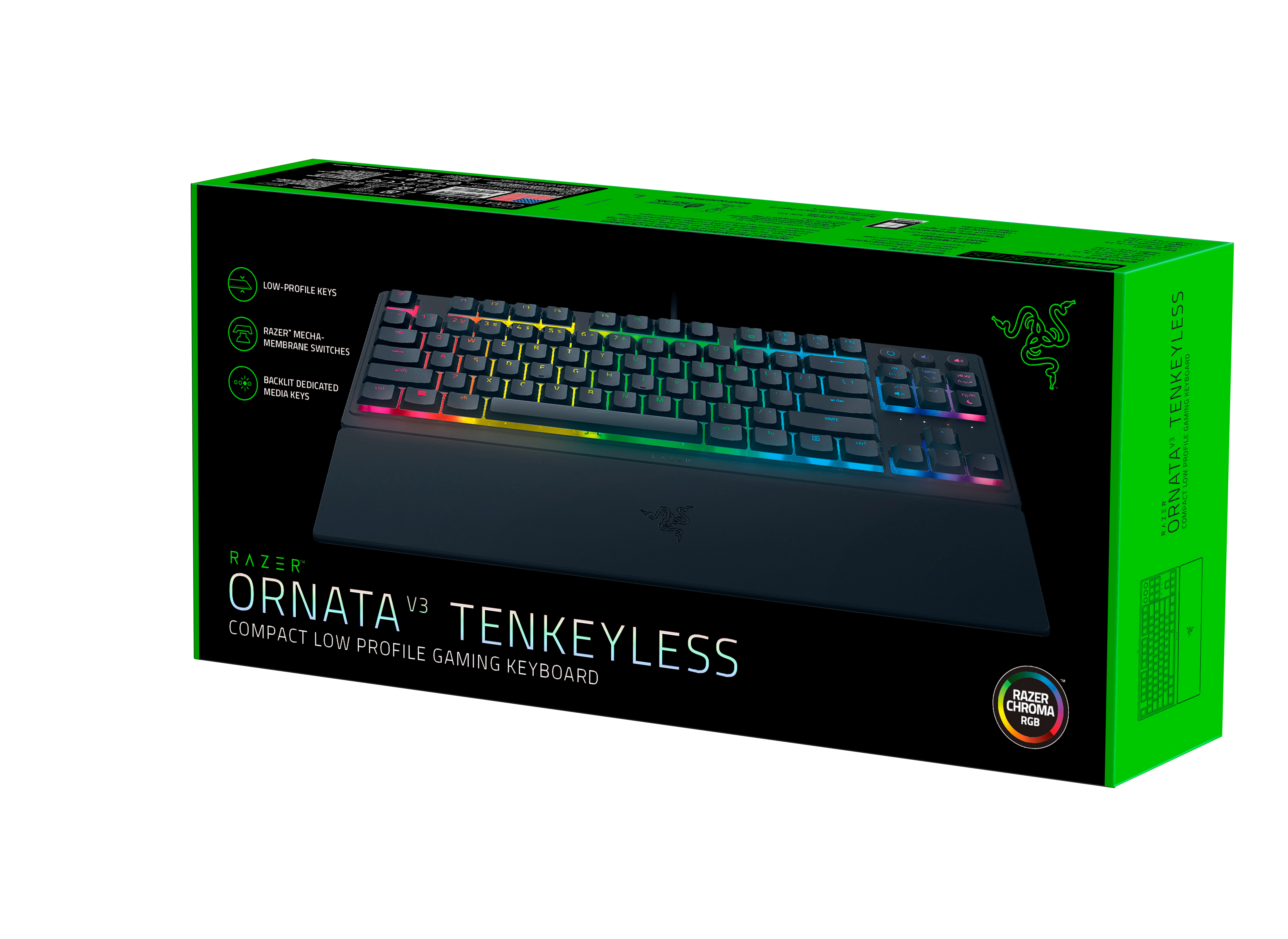 Scatola tastiera Razer Ornata V3 Tenkeyless. Tastiera nera con illuminazione RGB e poggiapolsi.
