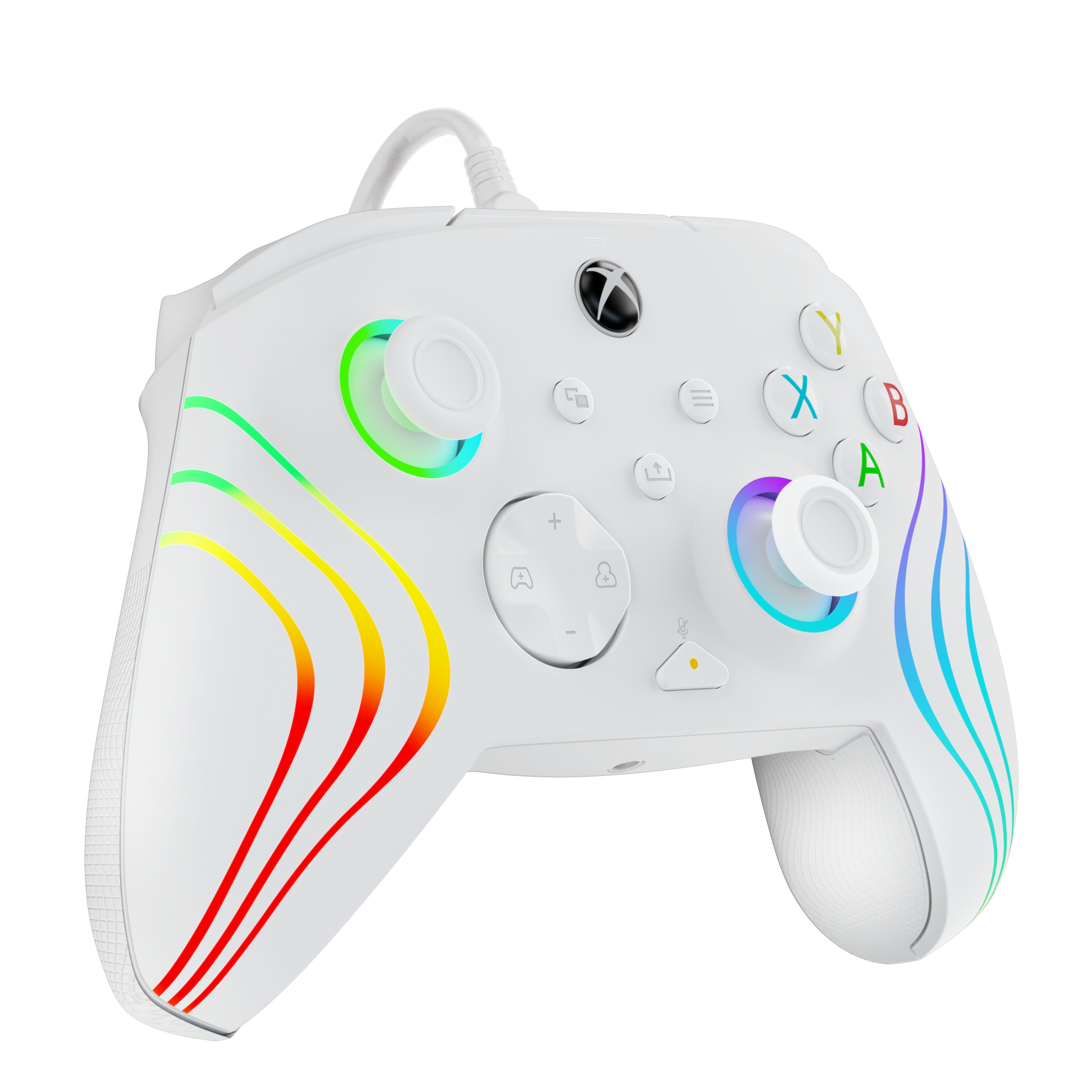 Weißer Xbox-Controller mit farbenfrohen Akzenten, mit weißem Kabel. Tasten haben farbige Beleuchtung.