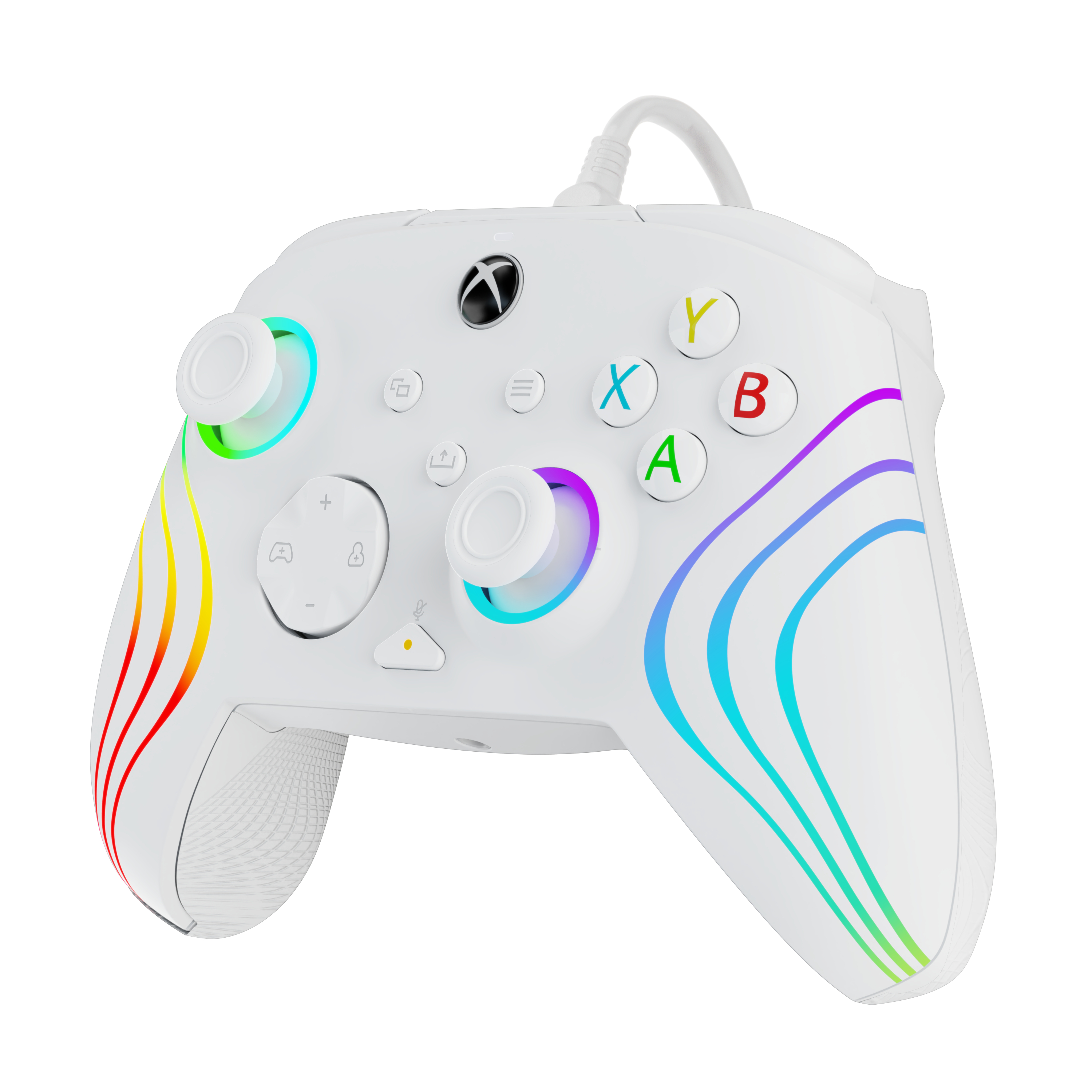 Weißer Xbox-Controller mit Regenbogenakzenten. Beschriftete Knöpfe, mit weißem Kabel. Weißer Hintergrund.