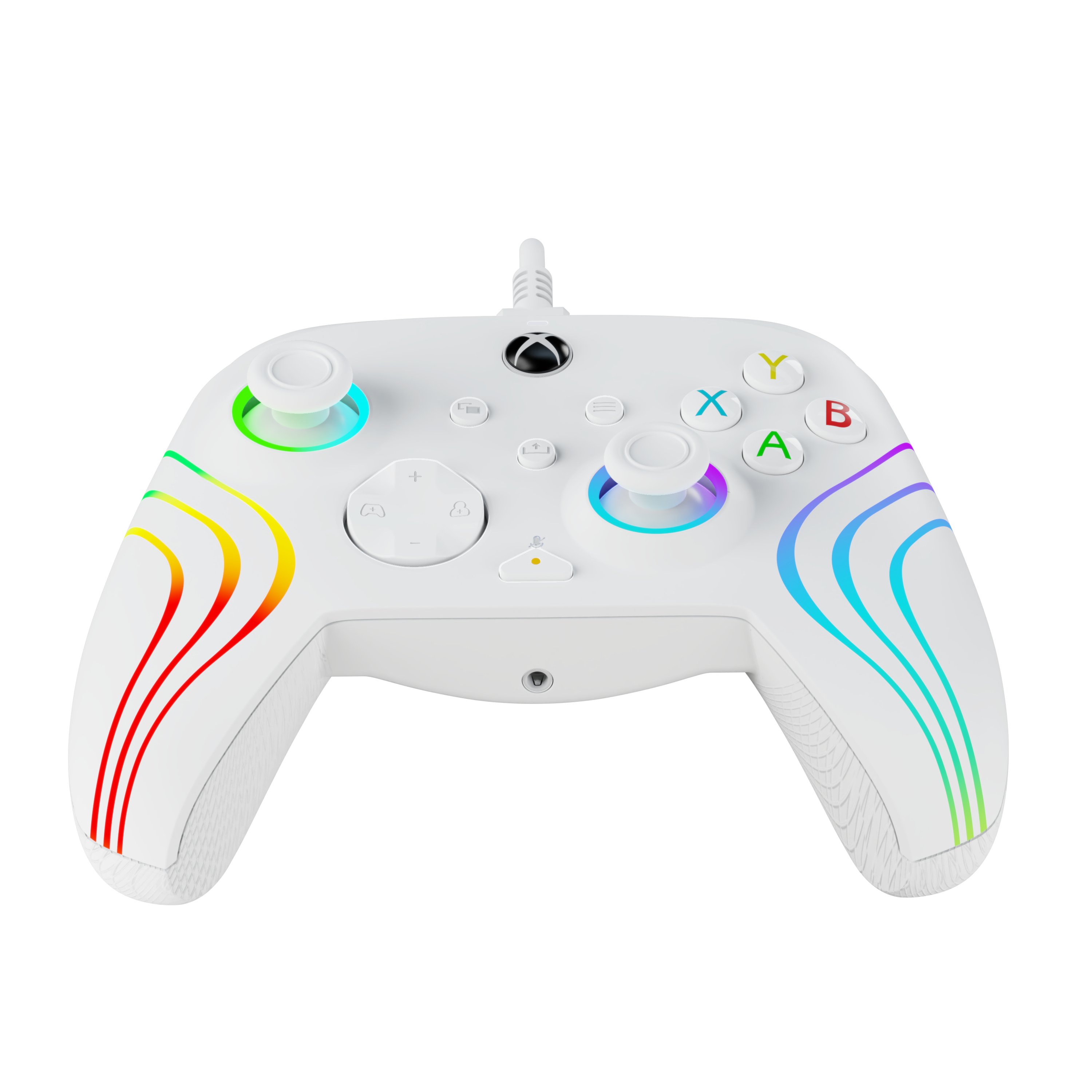 Weißer Xbox-Controller mit Regenbogenakzenten. Mit Knöpfen und Joysticks.