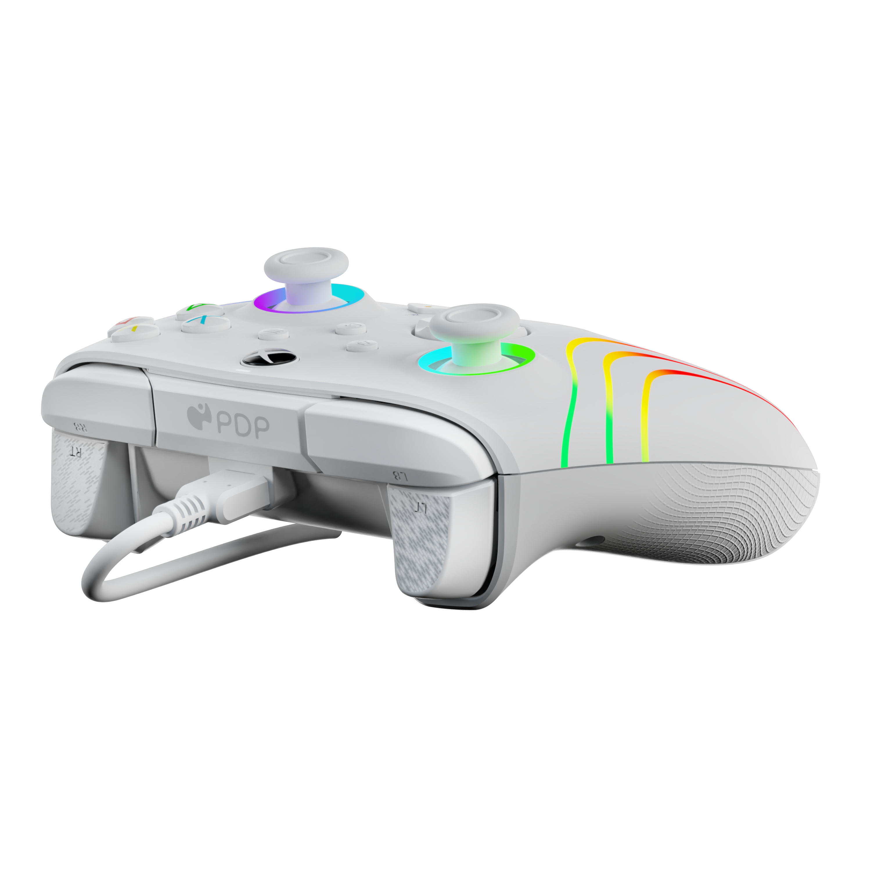 Weißer Xbox-Controller mit farbigen Akzenten. Ein USB-Kabel ist eingesteckt.