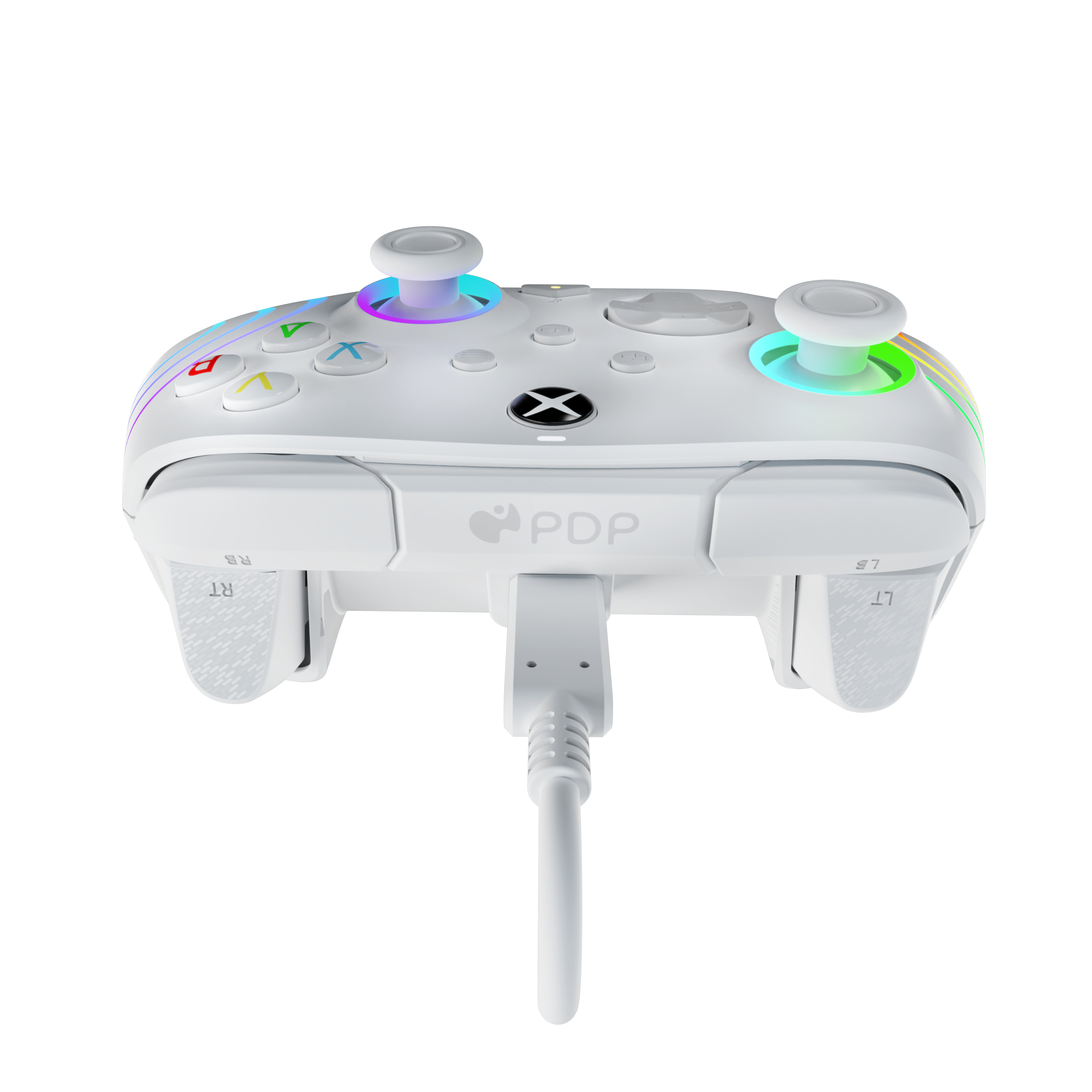 Weißer Xbox-Controller mit farbigen Lichtakzenten, Tasten und einem USB-Kabel.