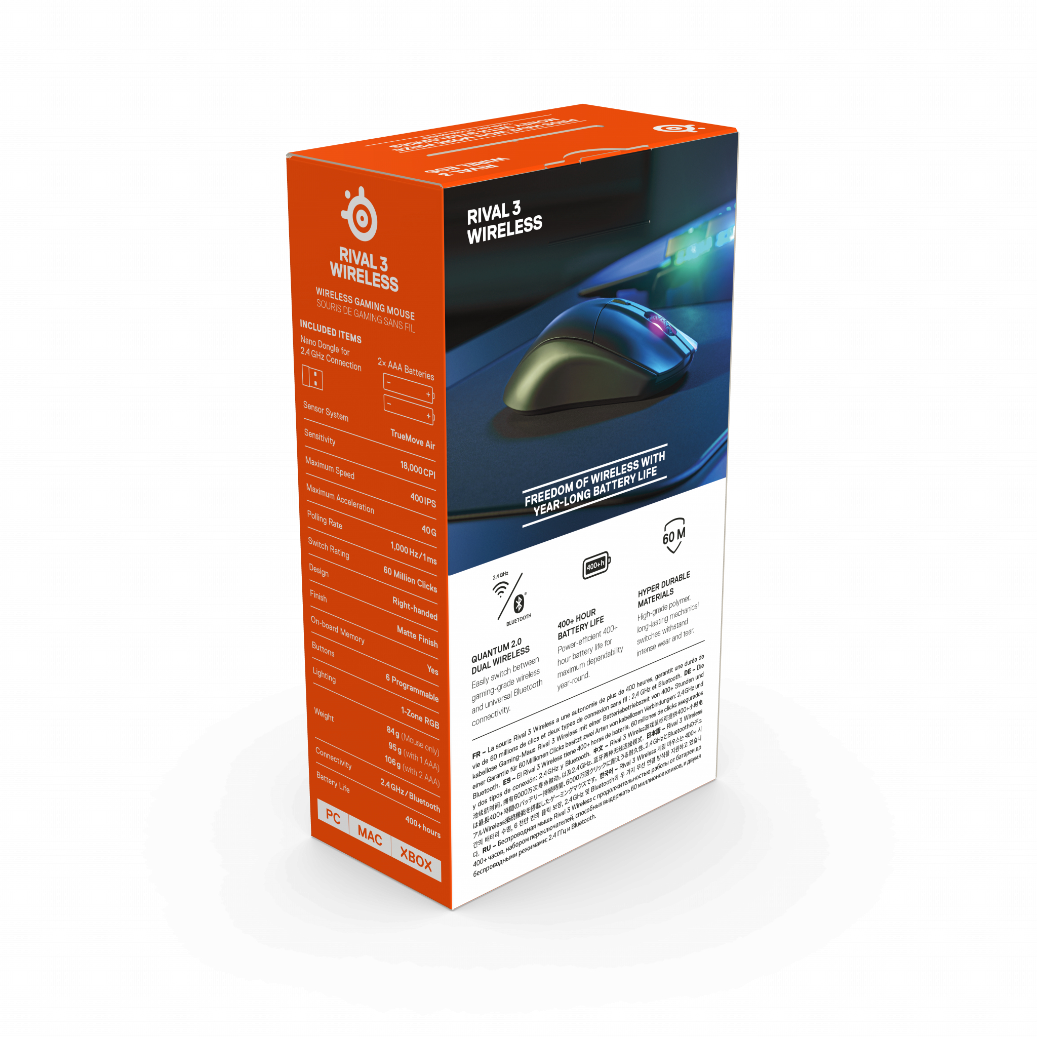 Pudełko myszy do gier z informacjami o produkcie i zdjęciem myszy. Zawiera baterie i funkcje bezprzewodowe.