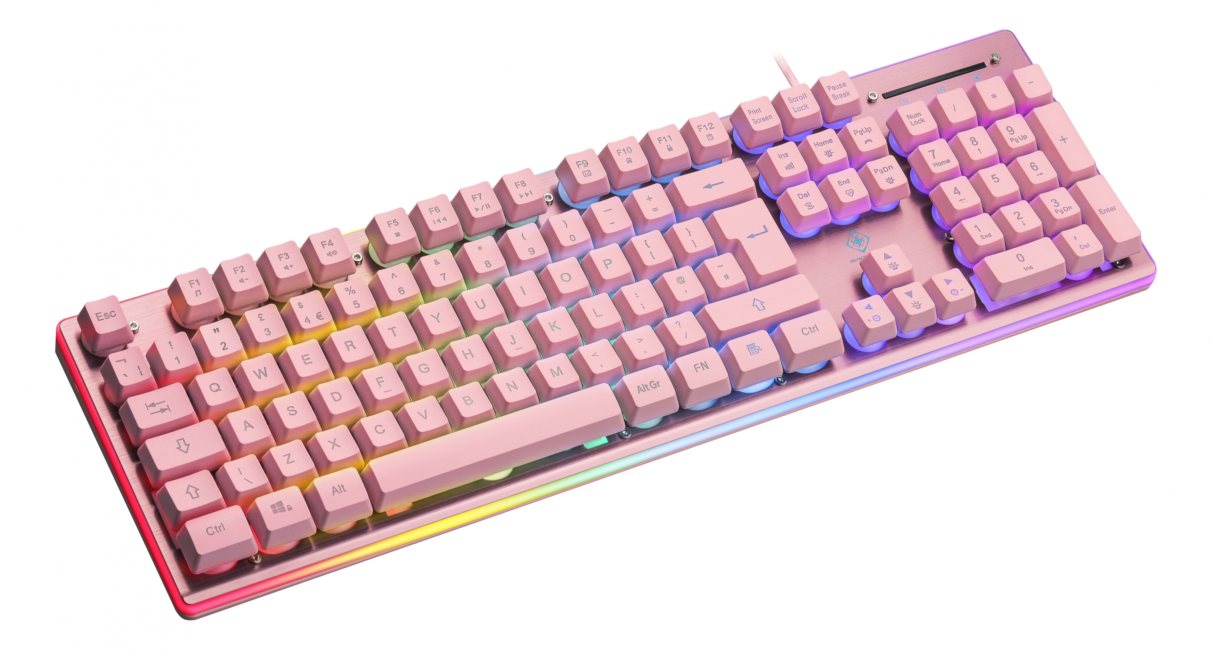 Pink keyboard with RGB lighting on a white background. The keys are pink.