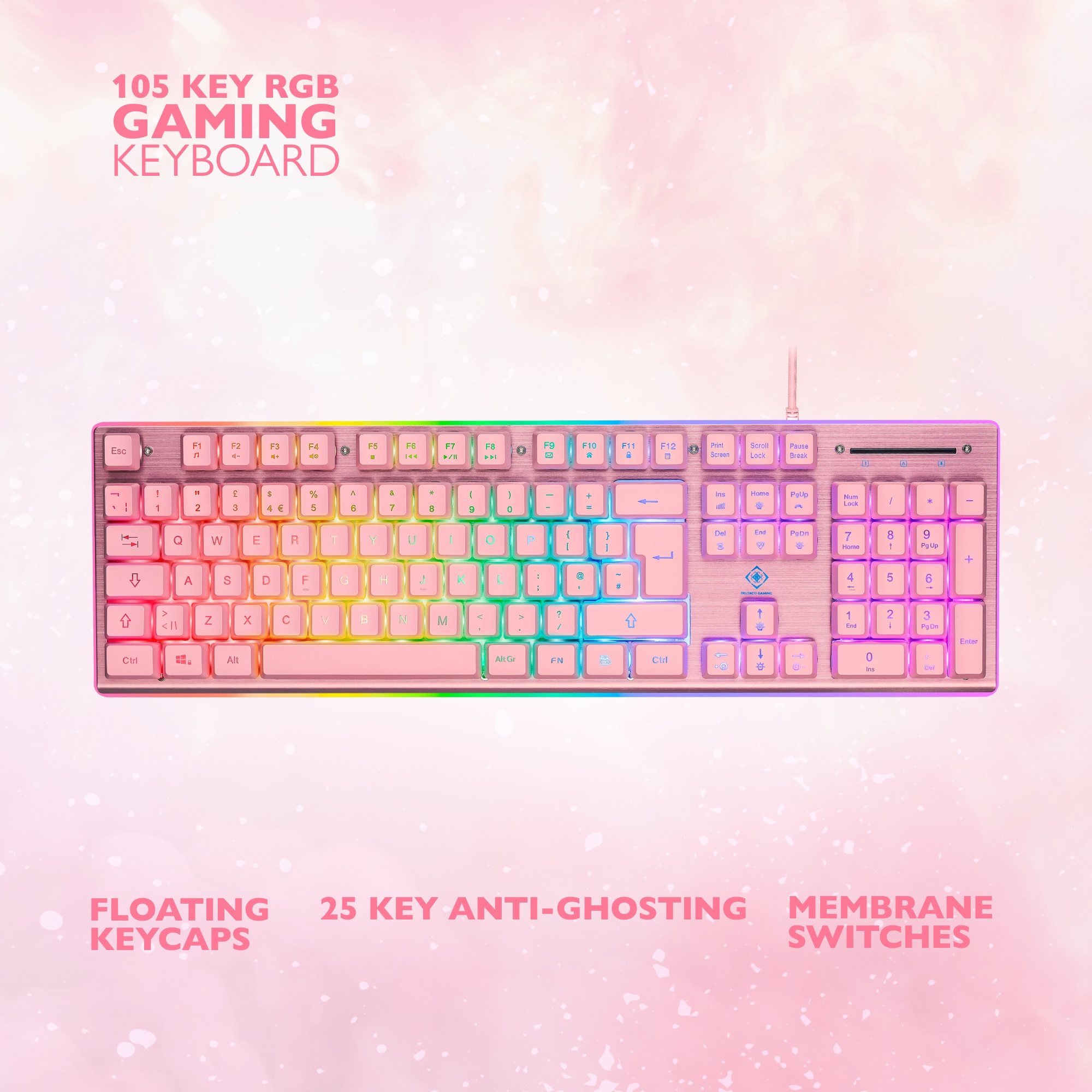 Gaming keyboard with RGB lighting and pink accents. White background.