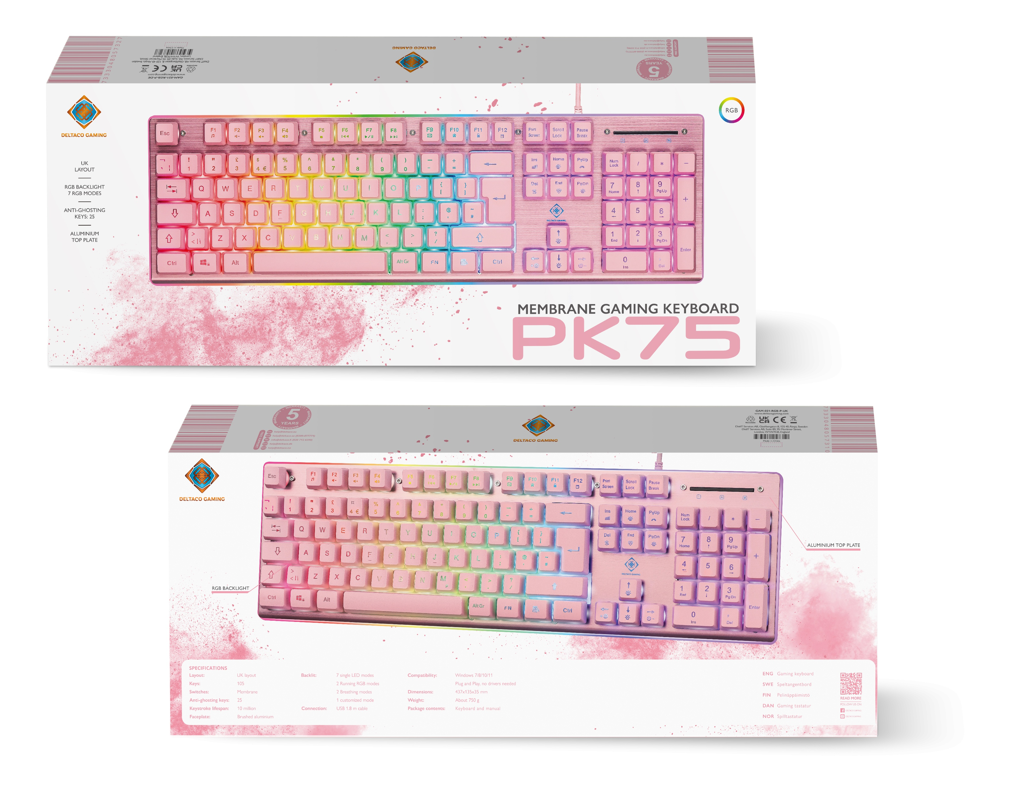 Pink membrane gaming keyboard with RGB lighting in a box with a pink background.
