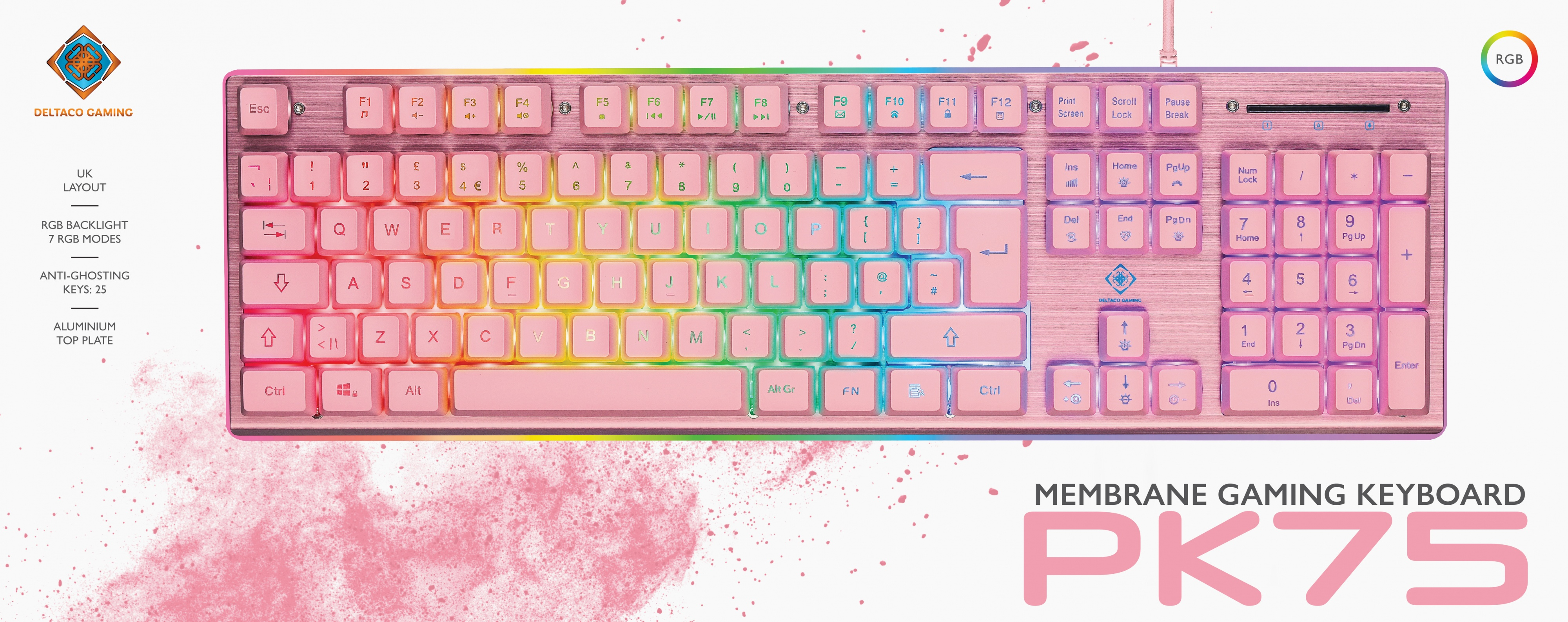Pink membrane gaming keyboard with illuminated keys. It has a rainbow-colored backlight.