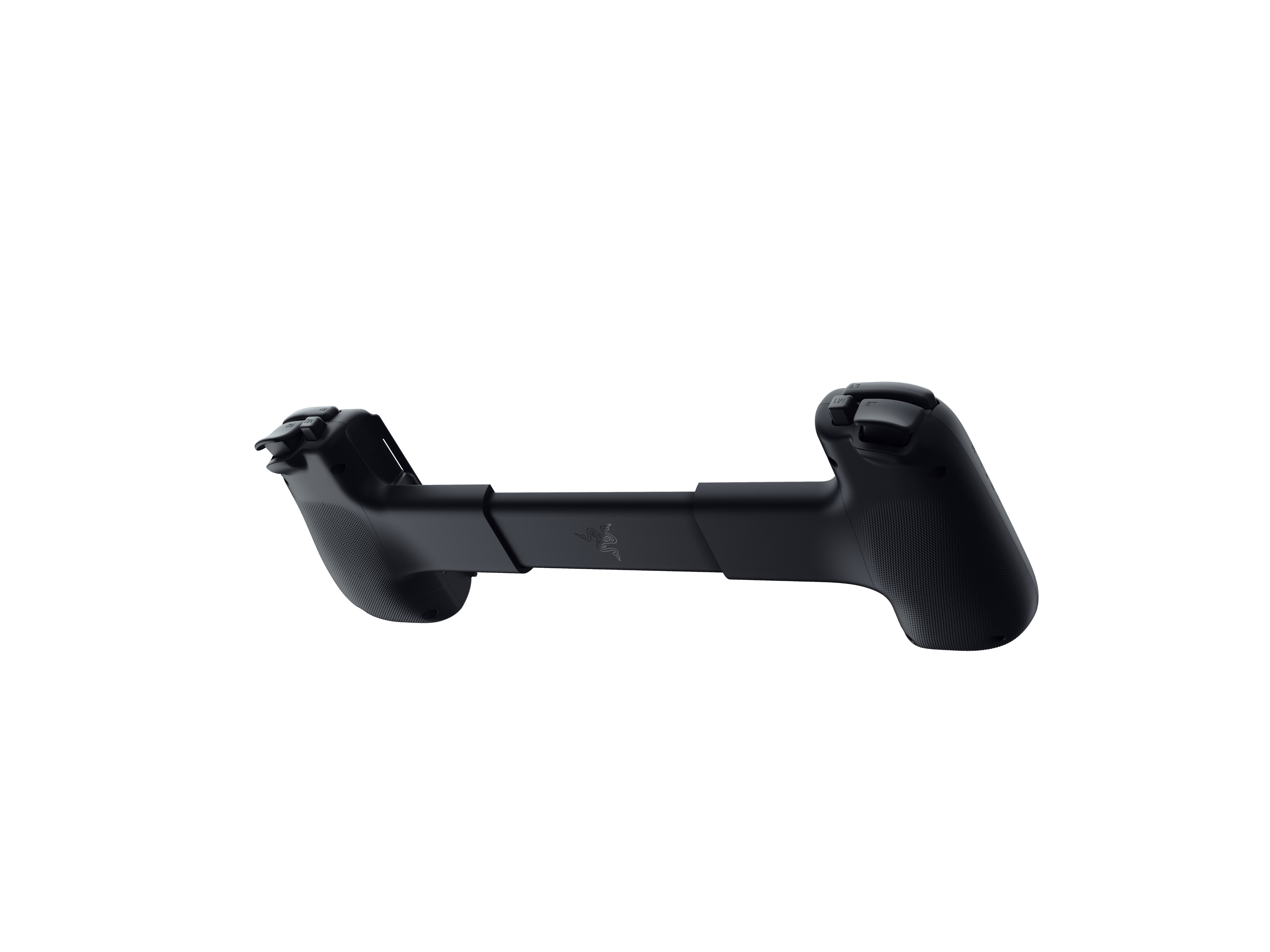 Czarny gamepad z dwoma uchwytami i centralnym elementem łączącym na czarnym tle.