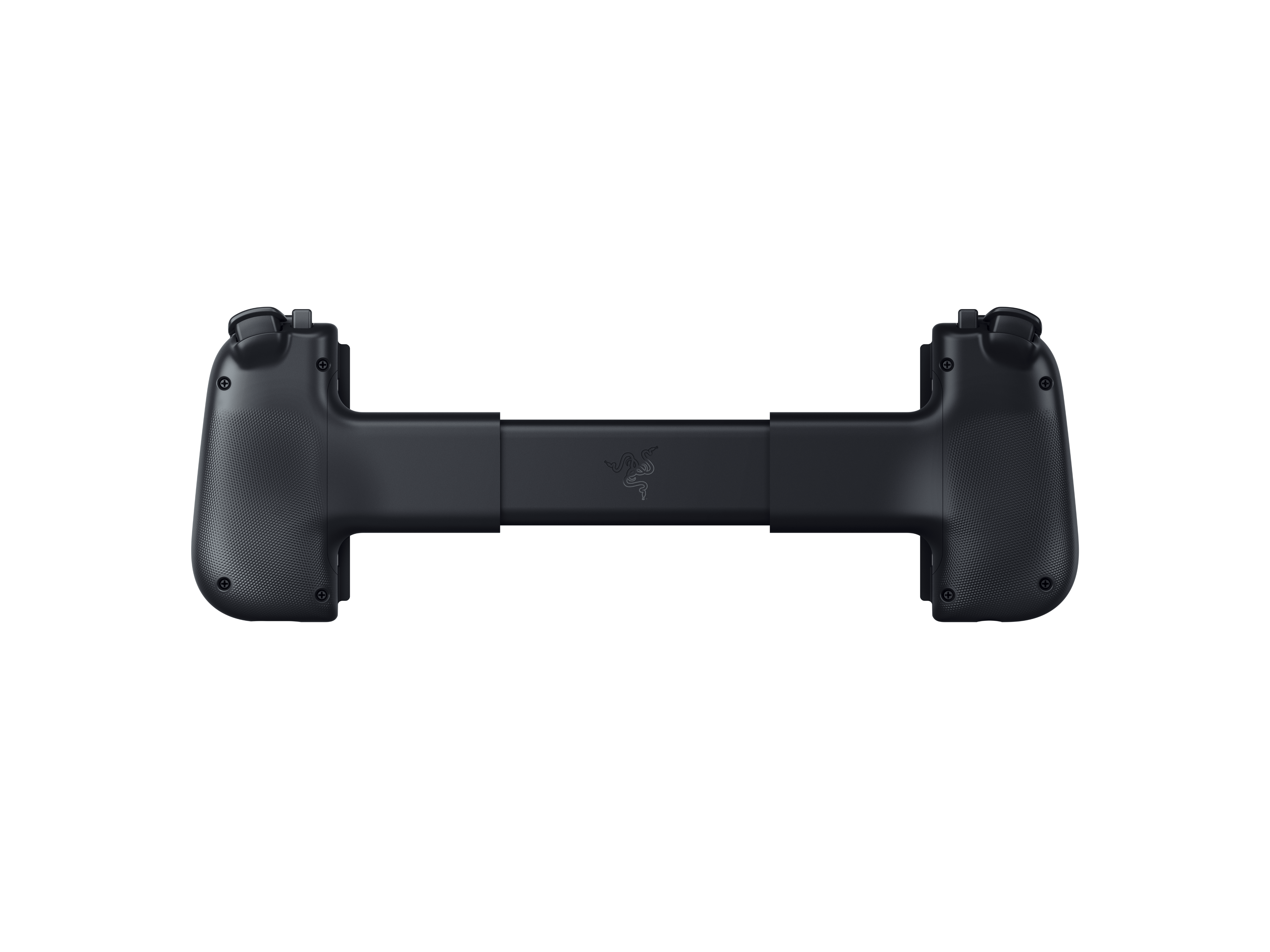 Czarny mobilny gamepad Razer z dwoma uchwytami i logo Razer pośrodku.