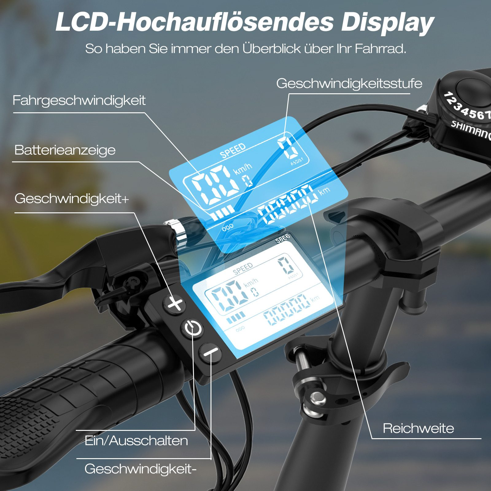 Nahaufnahme eines Fahrradcomputerbildschirms mit Anzeige von Geschwindigkeit und Batterieinfo.