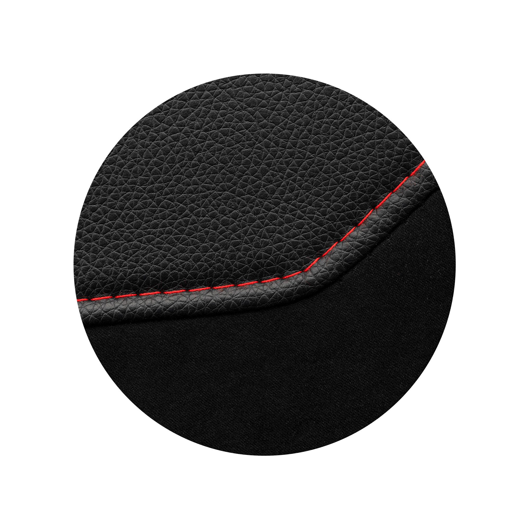 Primer plano de cuero negro con costuras rojas, dentro de un marco circular.