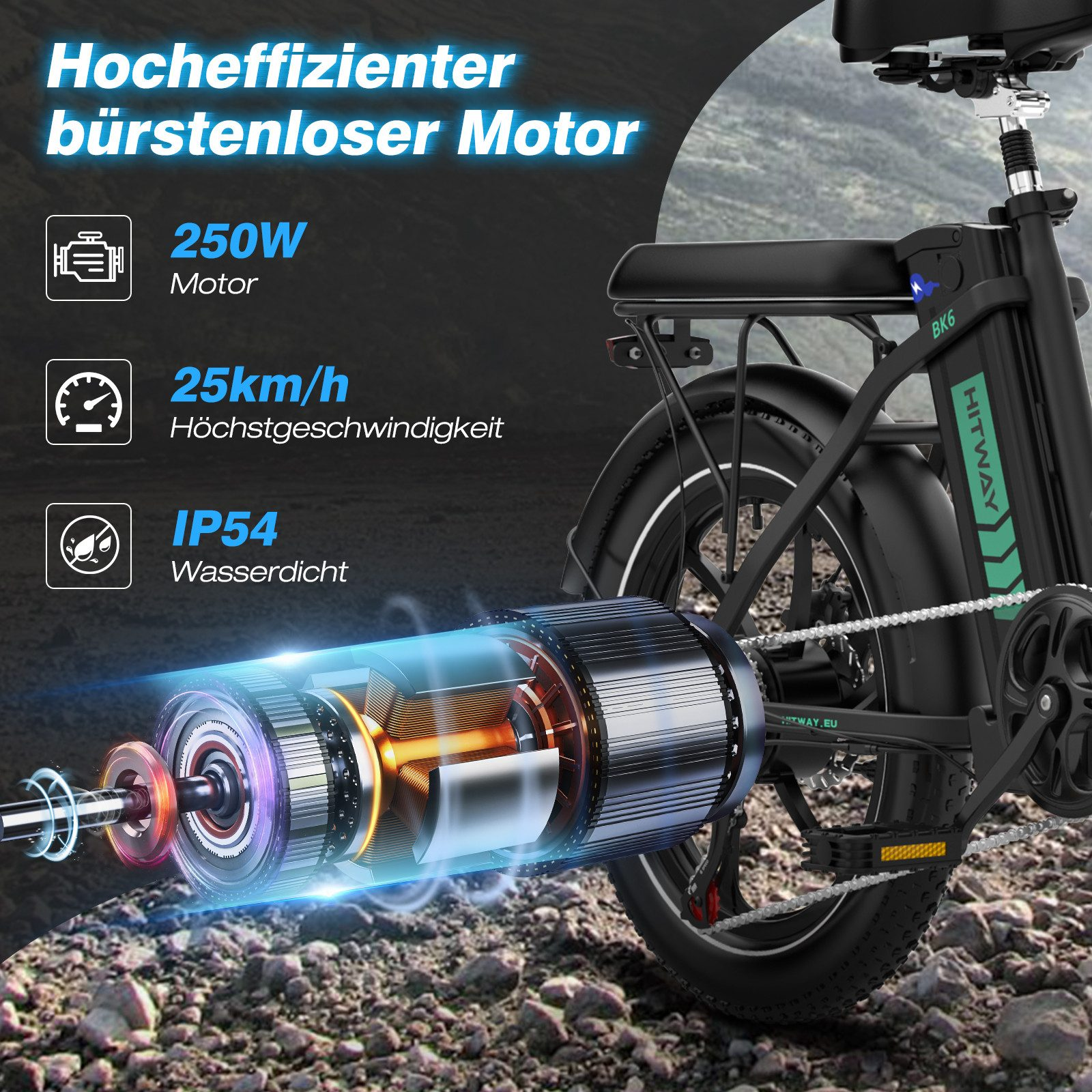 Ein E-Bike mit Ausschnitt des Motors. Text: 250W Motor, 25km/h Höchstgeschwindigkeit, IP54 wasserdicht.