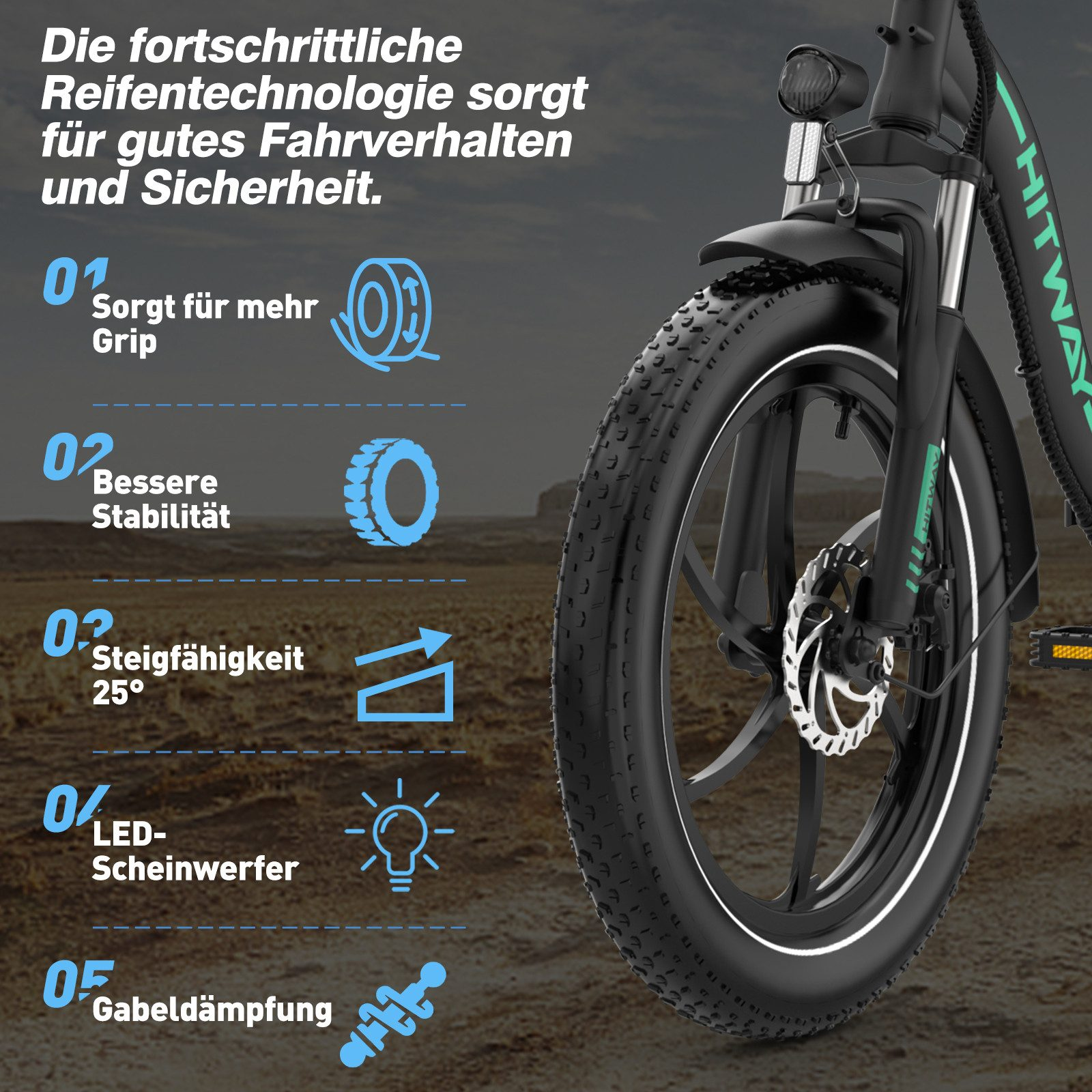 Nahaufnahme eines schwarzen E-Bike-Reifens mit Text und Symbolen für die Funktionen.
