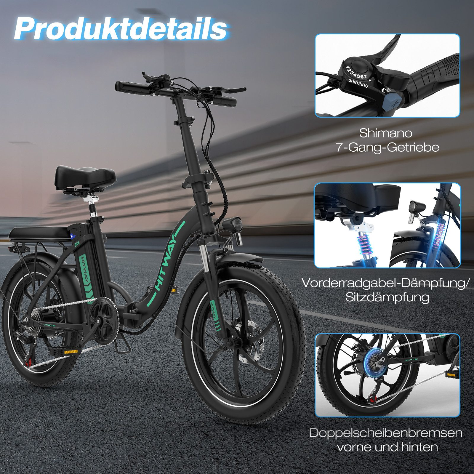 Schwarzes E-Bike mit Detailansichten: Gänge, Bremsen und Stoßdämpfer.