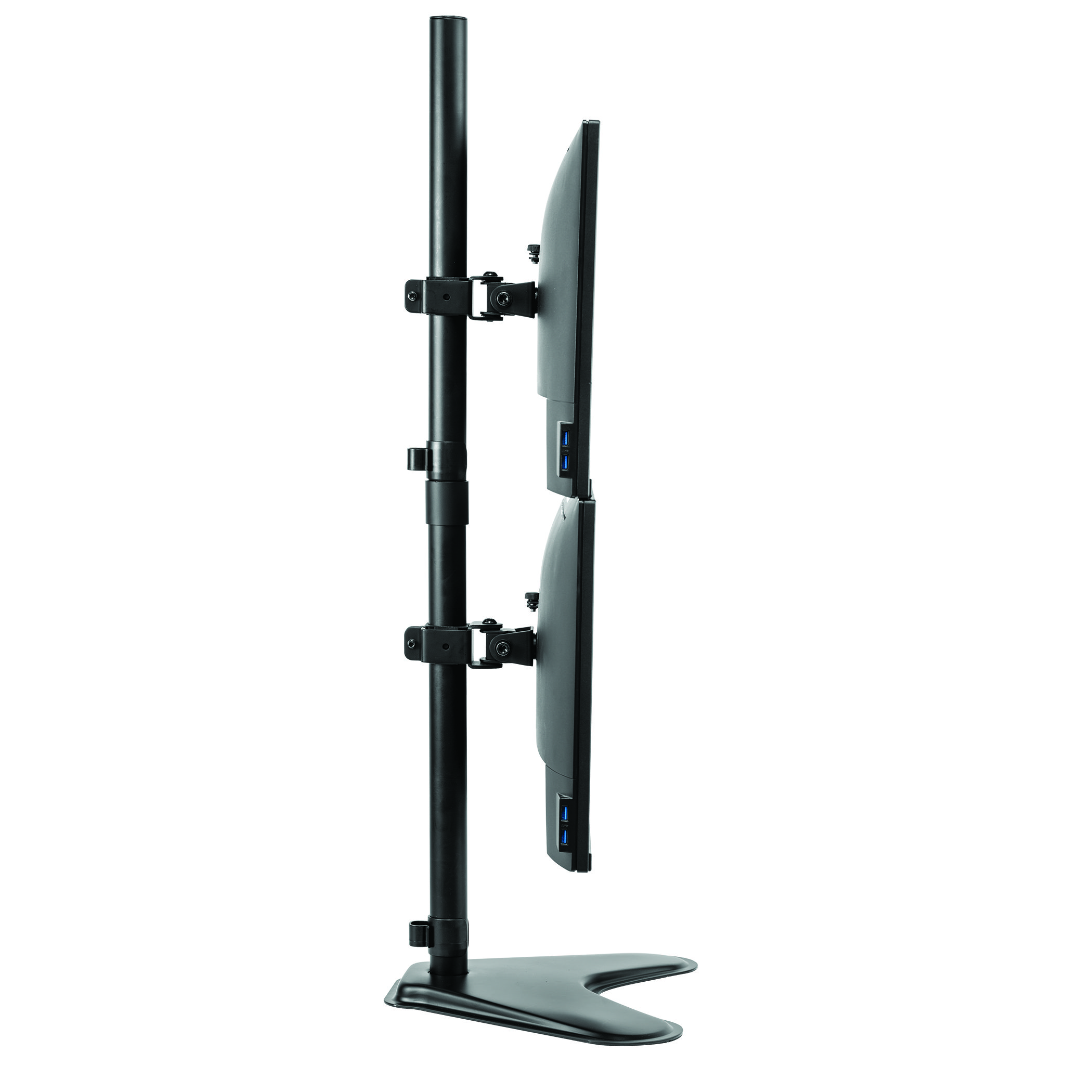 Supporto nero per doppio monitor. Due monitor montati su un palo verticale. Sfondo bianco.