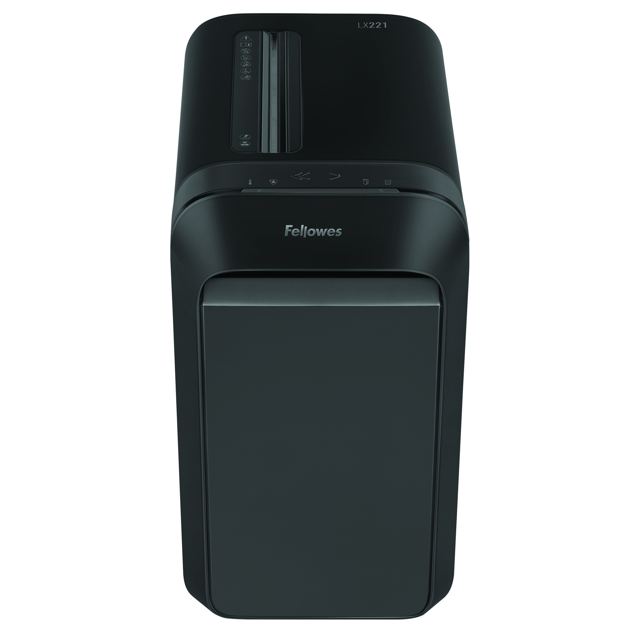 Black paper shredder with a rectangular design and control panel on top.