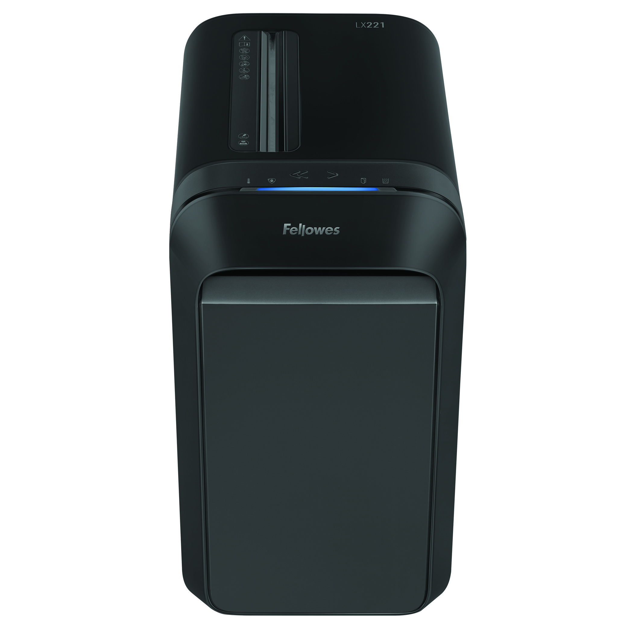 Black Fellowes paper shredder, top view. Input slot, control panel, and wastebasket are visible.