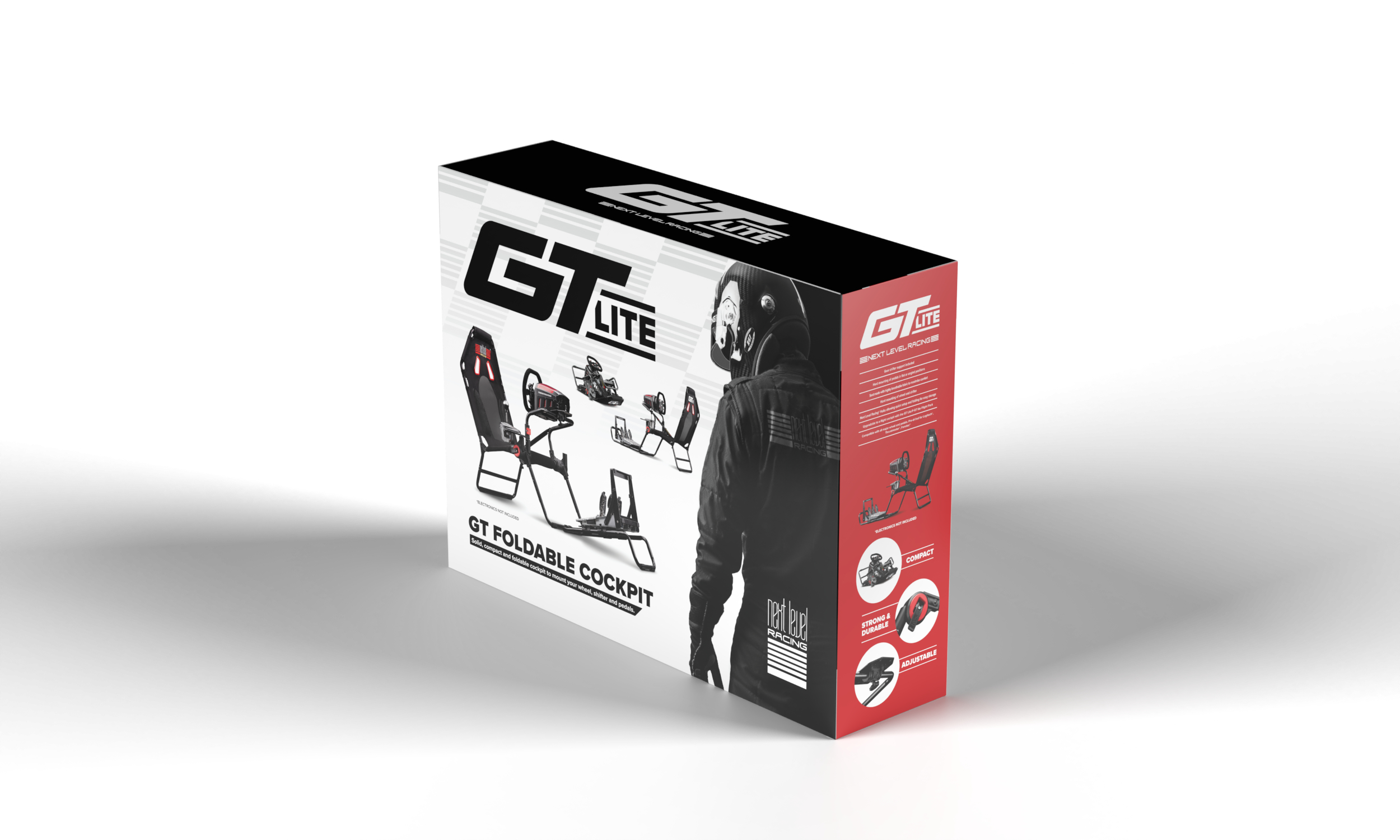 Box with GT Lite foldable cockpit images, black and red design, and a helmet graphic.