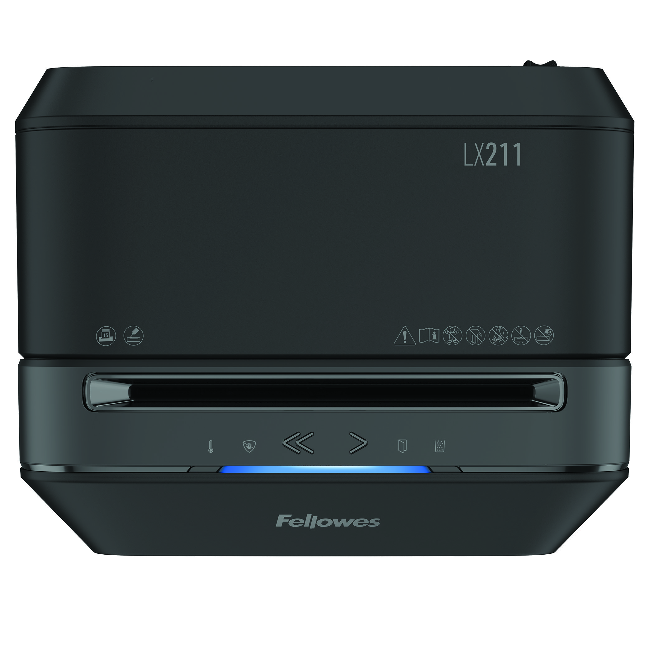 Czarna niszczarka do papieru Fellowes LX211, pokazująca górę i przód.